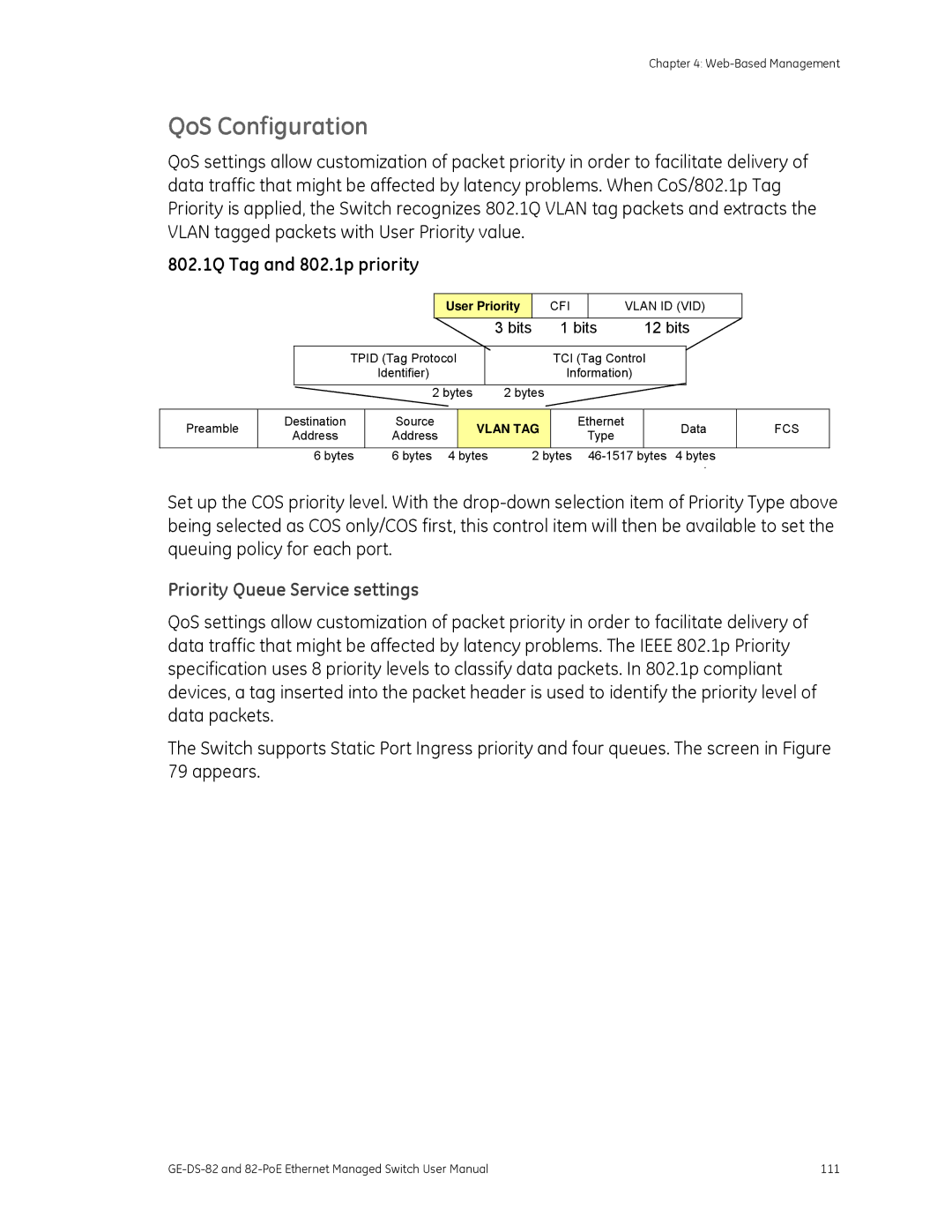 GE 82-POE, GE-DS-82 user manual QoS Configuration, 802.1Q Tag and 802.1p priority, Priority Queue Service settings 