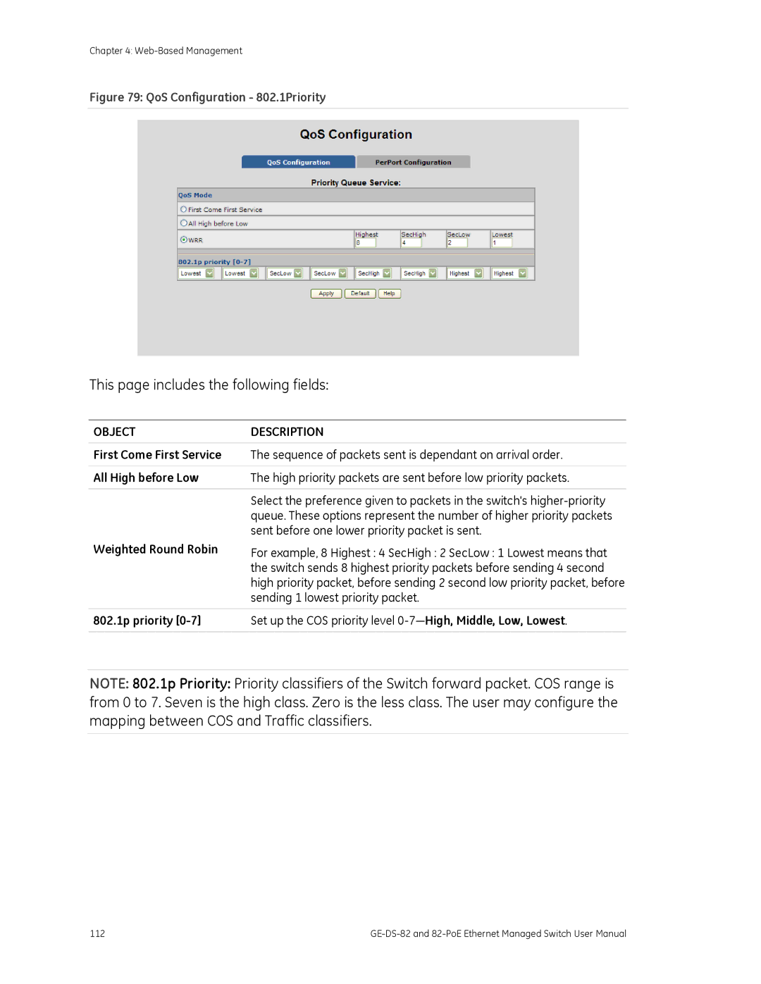 GE GE-DS-82, 82-POE user manual First Come First Service, All High before Low, Weighted Round Robin, 802.1p priority 