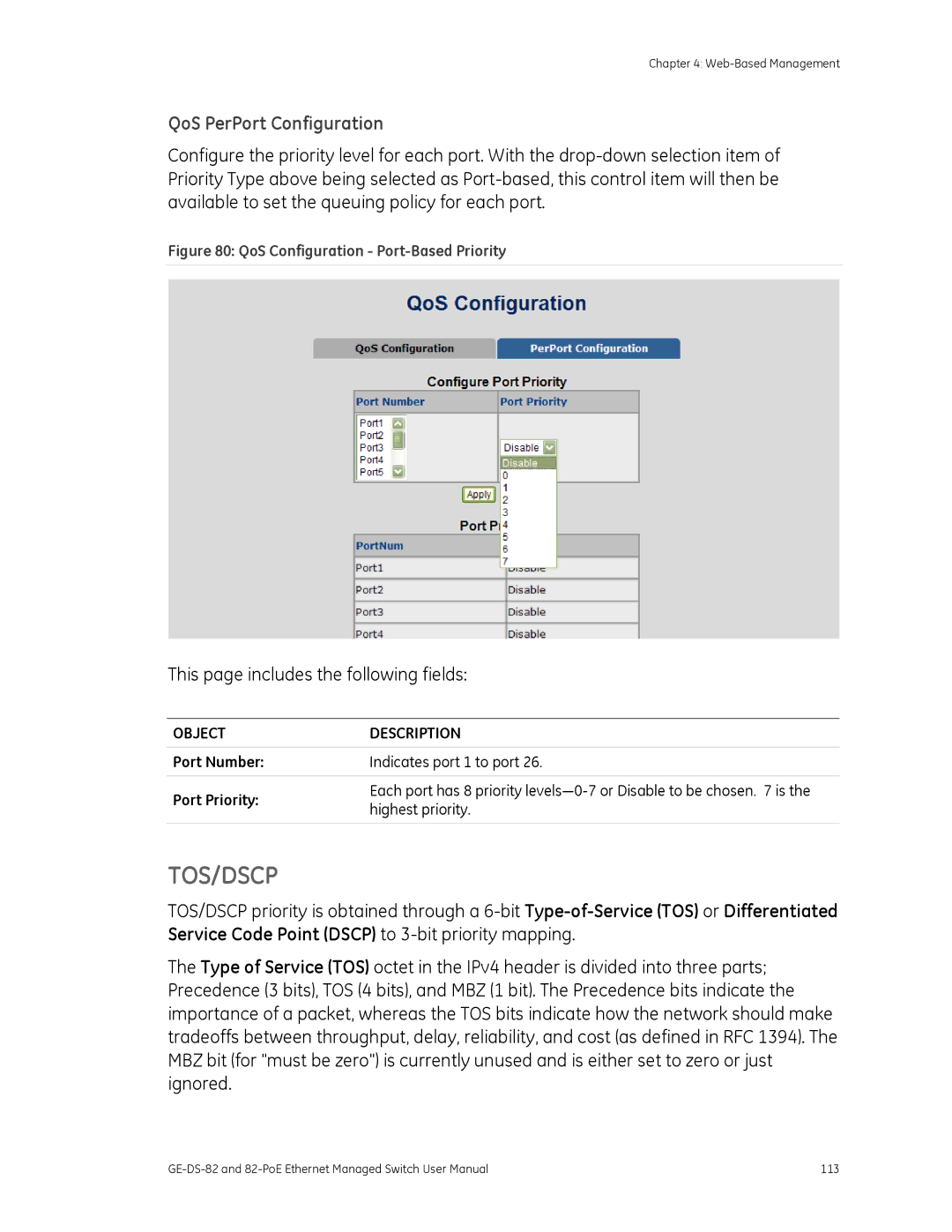 GE 82-POE, GE-DS-82 user manual Tos/Dscp, QoS PerPort Configuration 