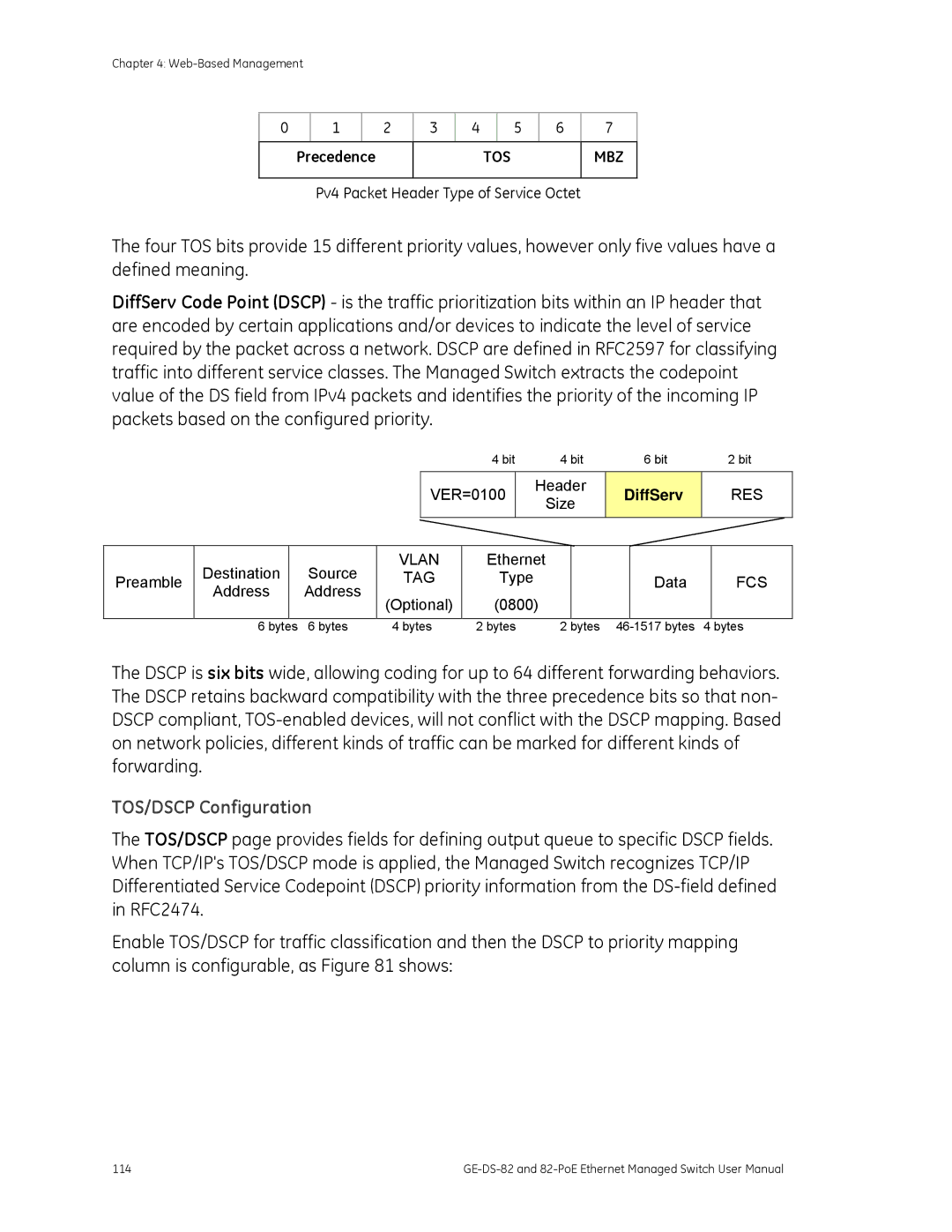 GE GE-DS-82, 82-POE user manual TOS/DSCP Configuration, Precedence, Tos Mbz, DiffServ 