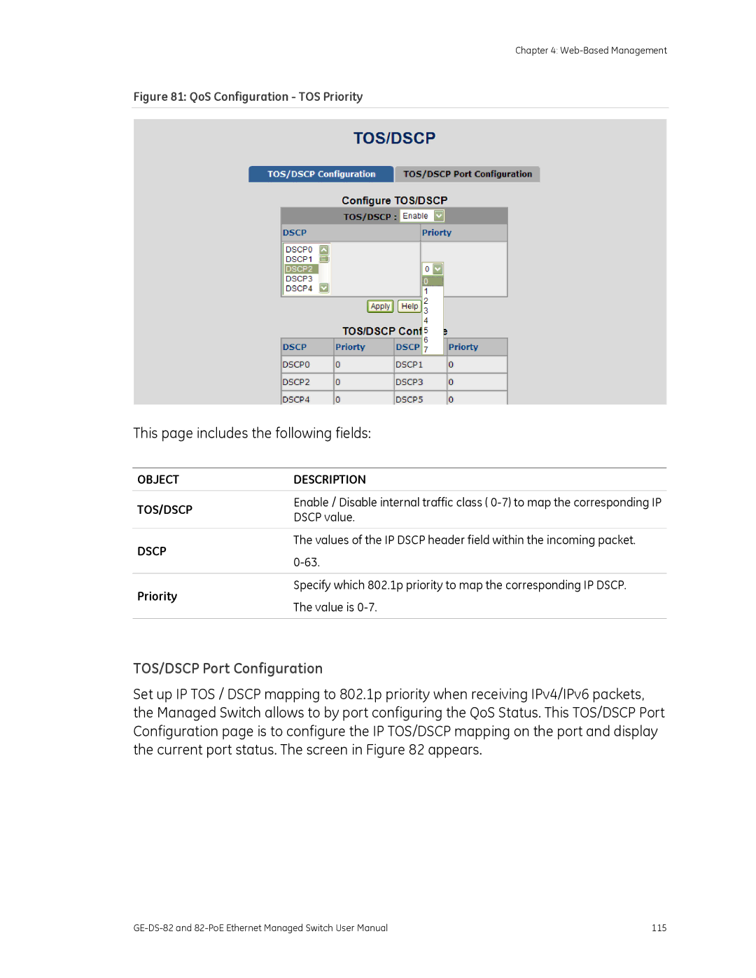 GE 82-POE, GE-DS-82 user manual TOS/DSCP Port Configuration, Object Description TOS/DSCP, Dscp 