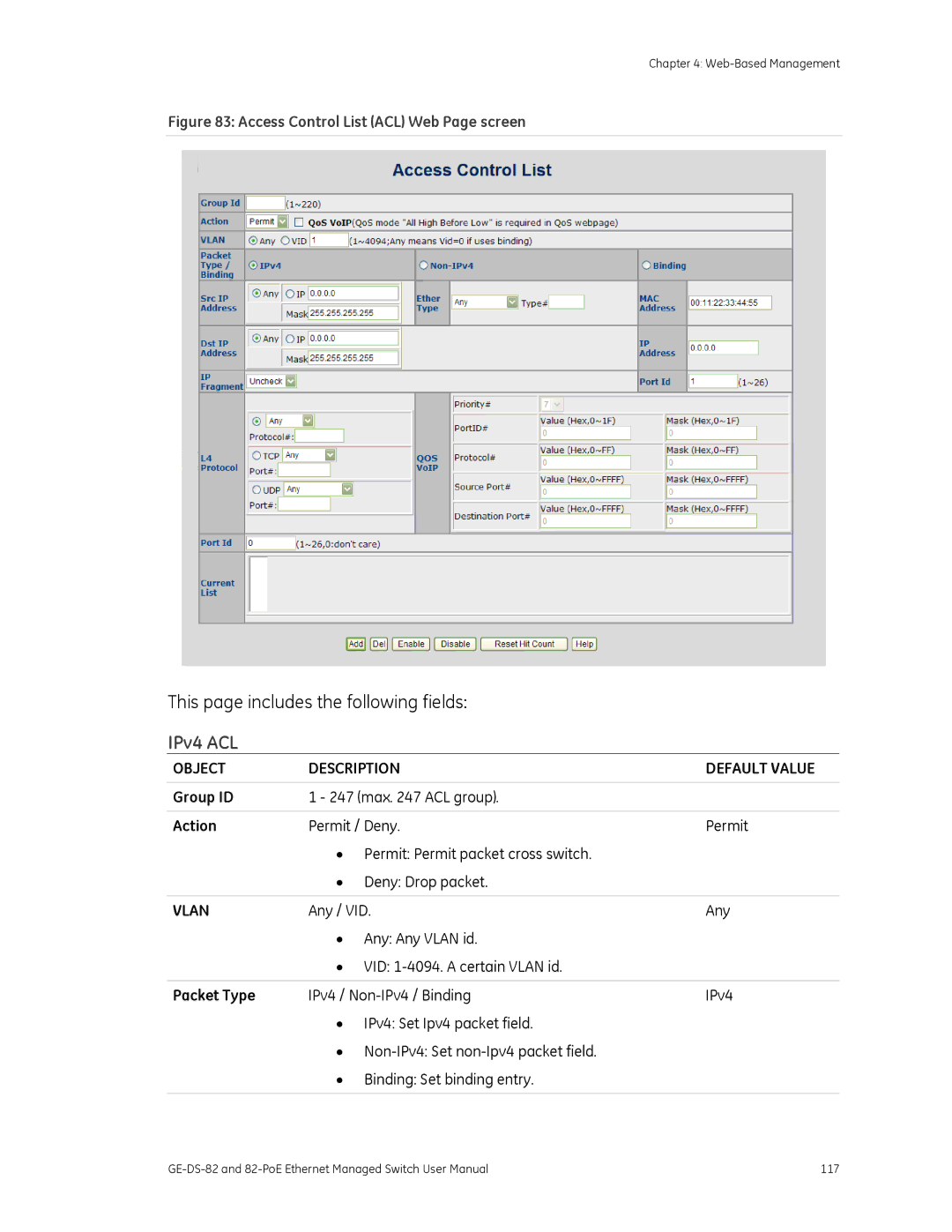 GE 82-POE, GE-DS-82 user manual IPv4 ACL, Object Description Default Value, Action, Packet Type 