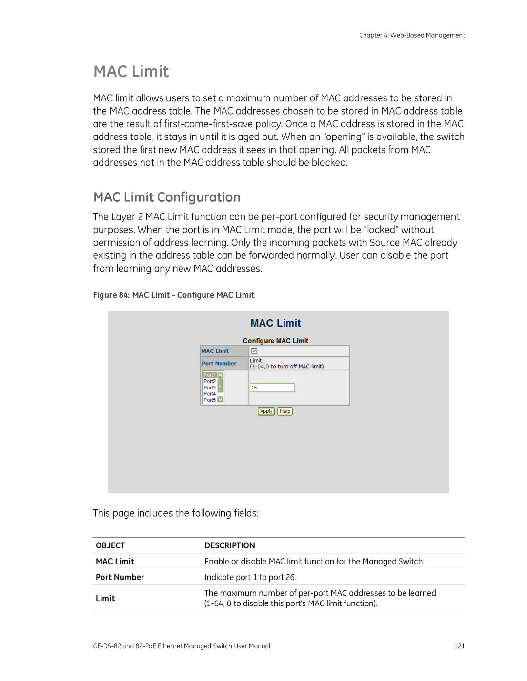 GE 82-POE, GE-DS-82 user manual MAC Limit Configuration 