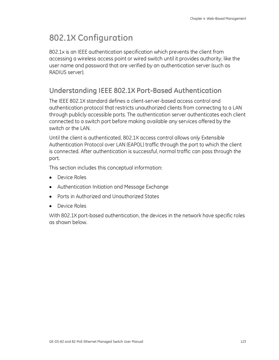 GE 82-POE, GE-DS-82 user manual 802.1X Configuration, Understanding Ieee 802.1X Port-Based Authentication 