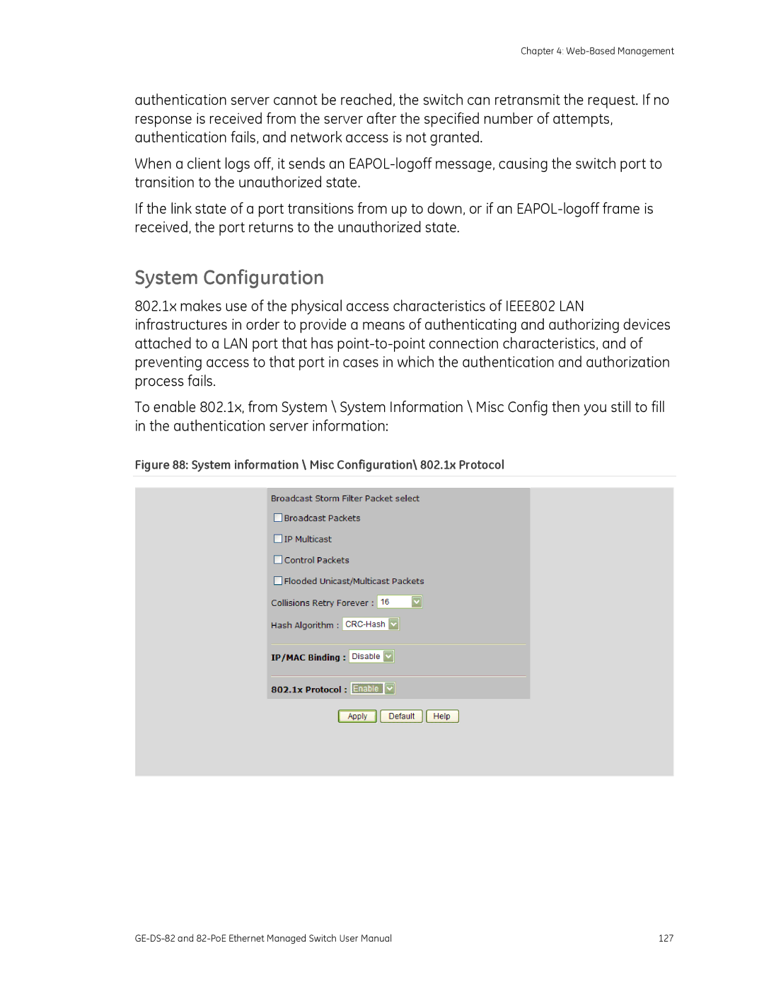 GE 82-POE, GE-DS-82 user manual System Configuration, System information \ Misc Configuration\ 802.1x Protocol 