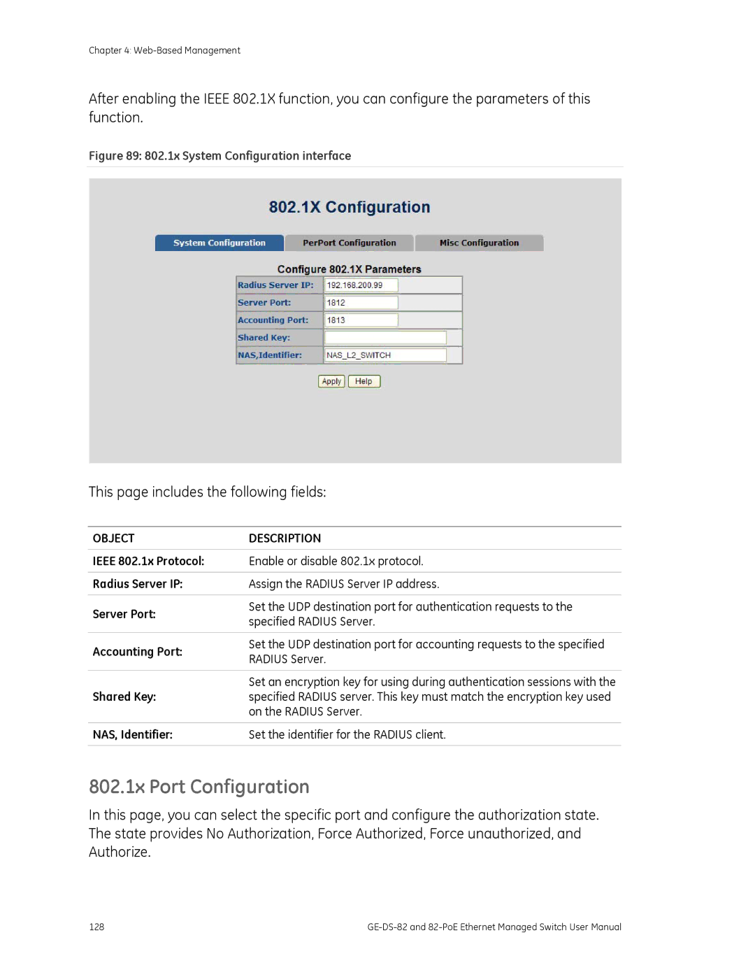 GE GE-DS-82, 82-POE user manual 802.1x Port Configuration, Shared Key, On the Radius Server 