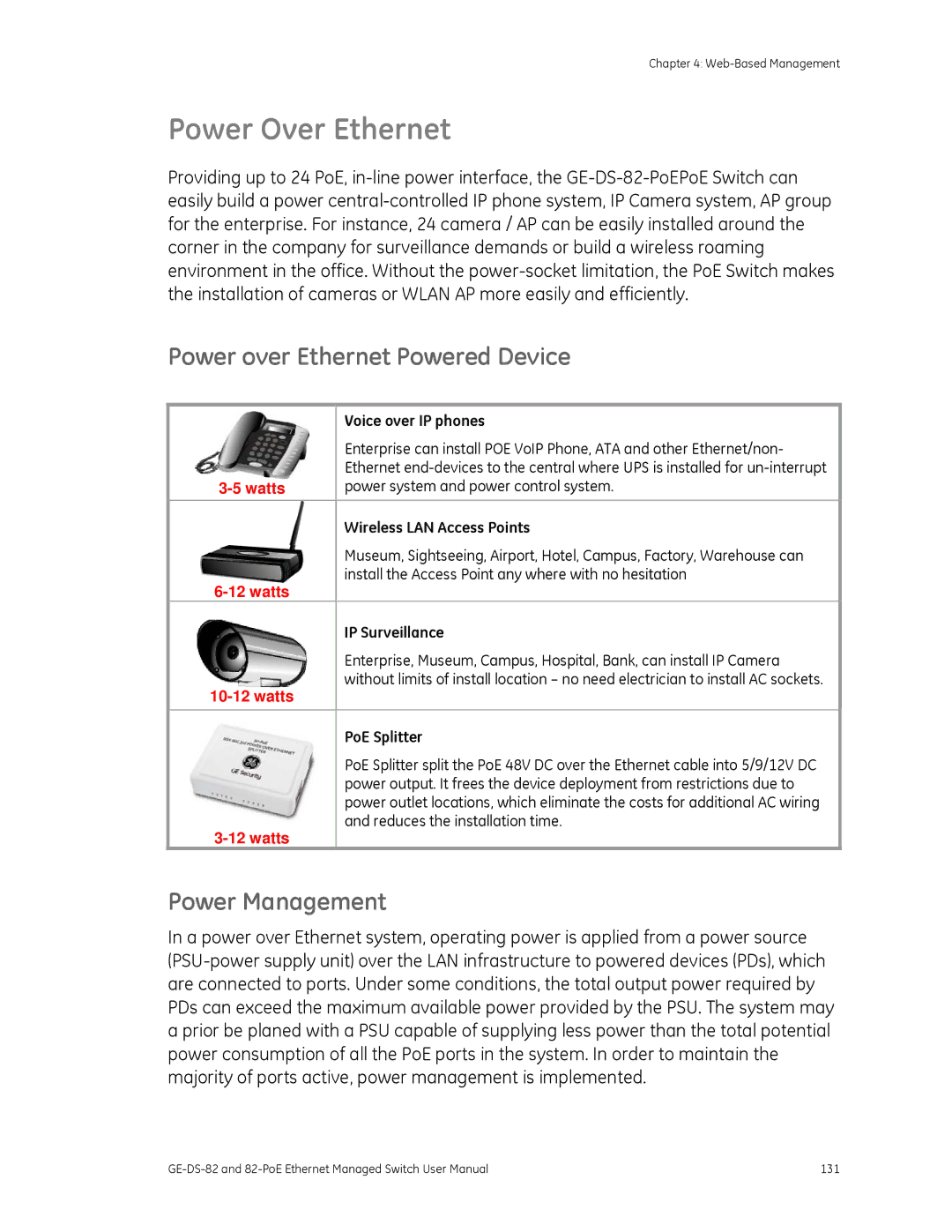 GE 82-POE, GE-DS-82 user manual Power Over Ethernet, Power over Ethernet Powered Device, Power Management 