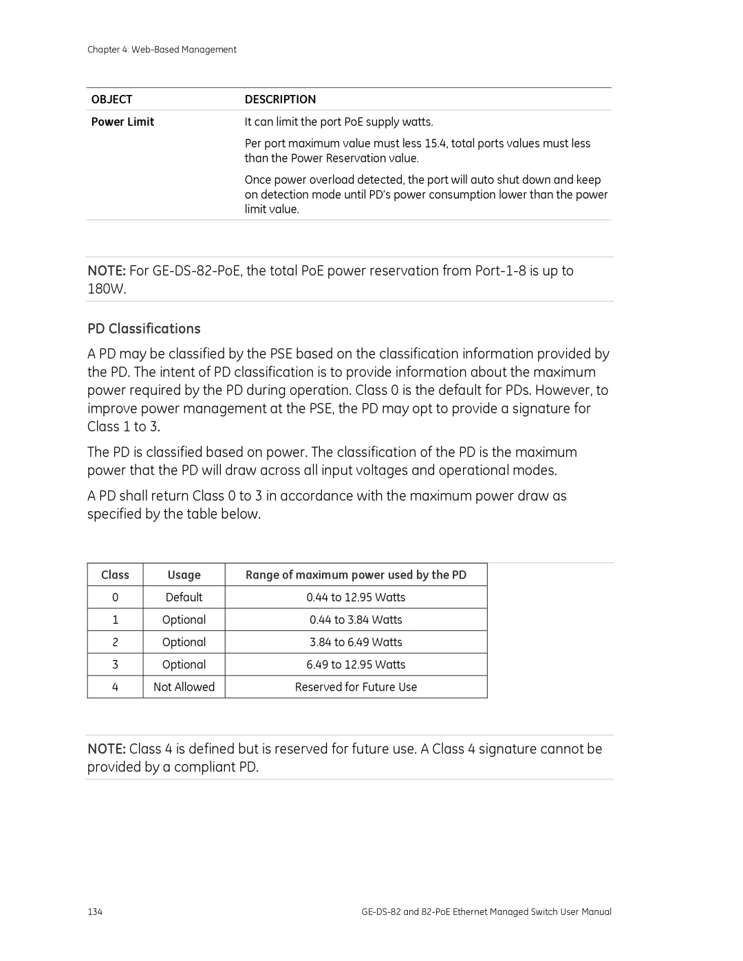 GE GE-DS-82, 82-POE user manual PD Classifications, Power Limit 