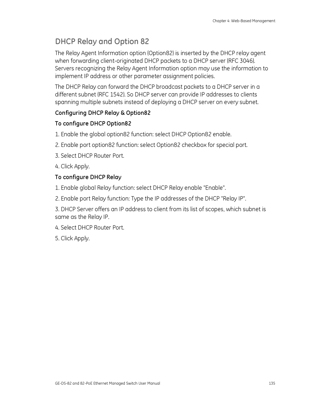 GE 82-POE, GE-DS-82 user manual Dhcp Relay and Option, To configure Dhcp Relay 