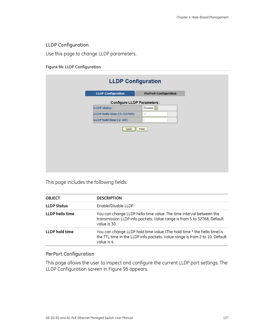 GE 82-POE Lldp Configuration, Use this page to change Lldp parameters, PerPort Configuration, Value is, Lldp hold time 