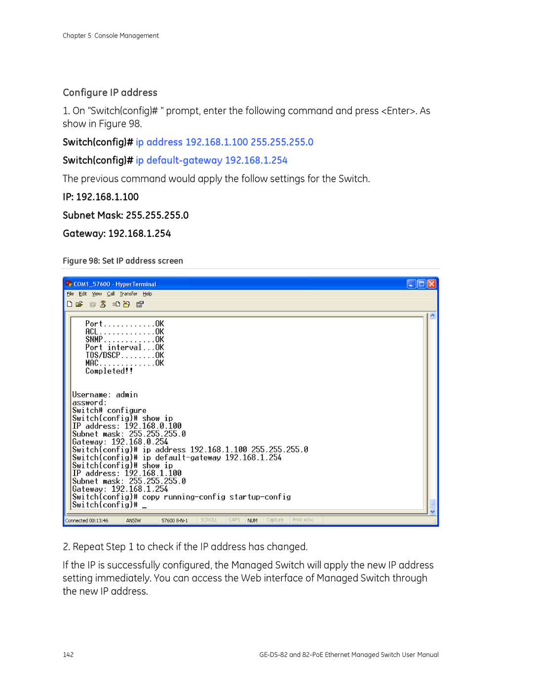 GE GE-DS-82, 82-POE user manual Configure IP address, Subnet Mask Gateway 