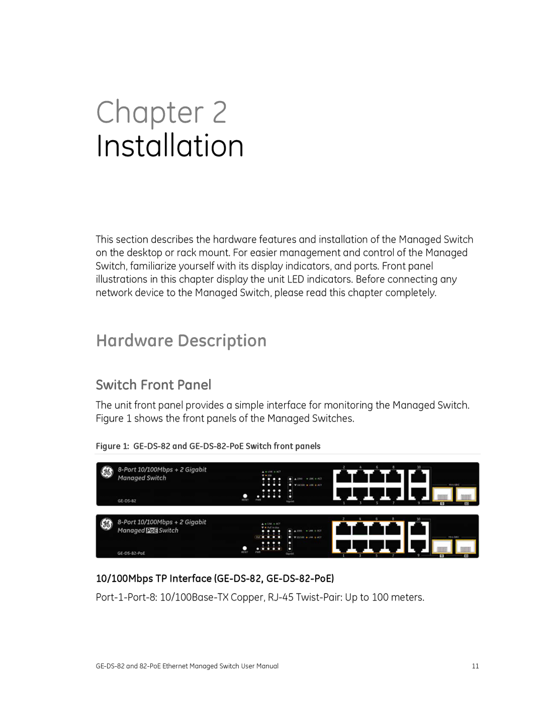 GE 82-POE user manual Hardware Description, Switch Front Panel, 10/100Mbps TP Interface GE-DS-82, GE-DS-82-PoE 