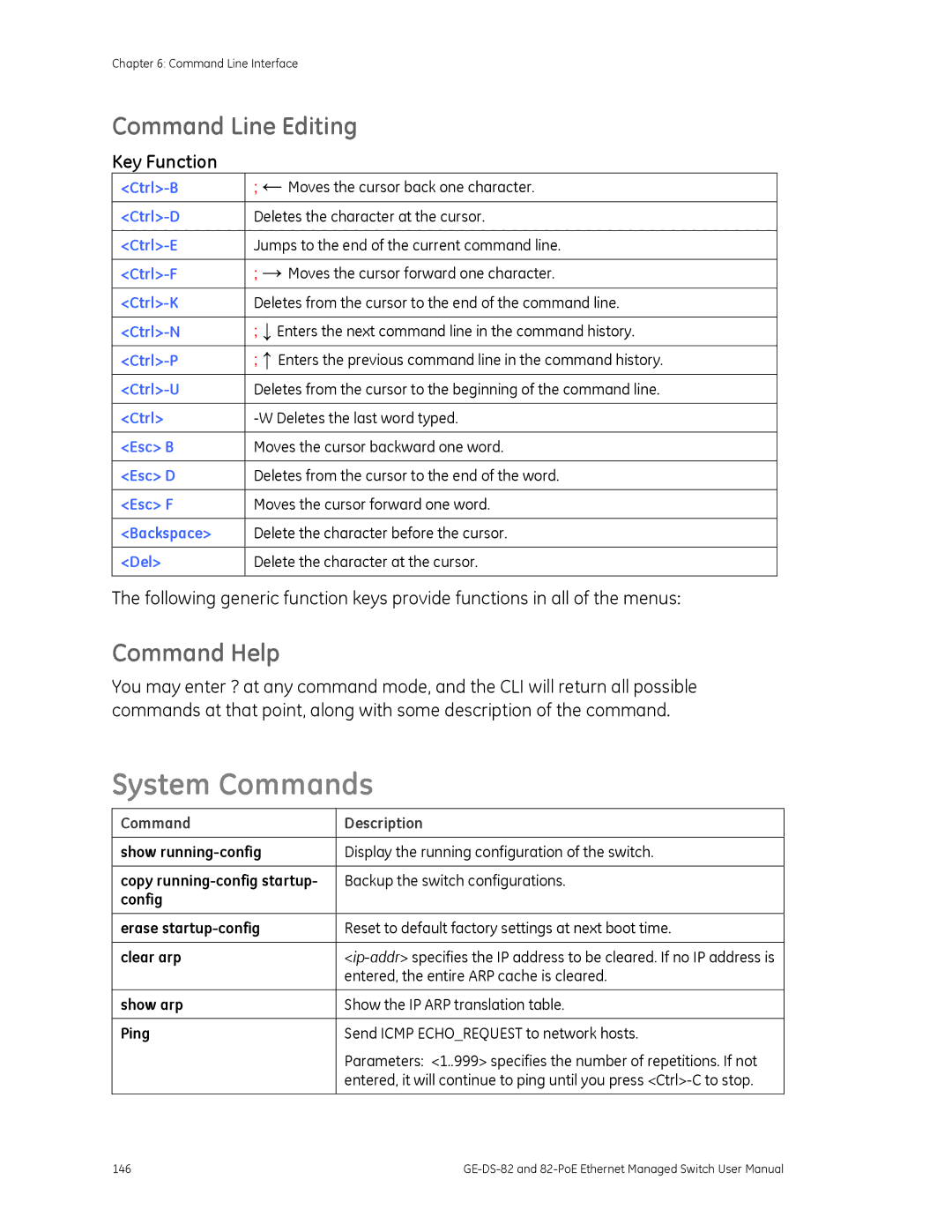 GE GE-DS-82 System Commands, Command Line Editing, Command Help, Key Function, Entered, the entire ARP cache is cleared 