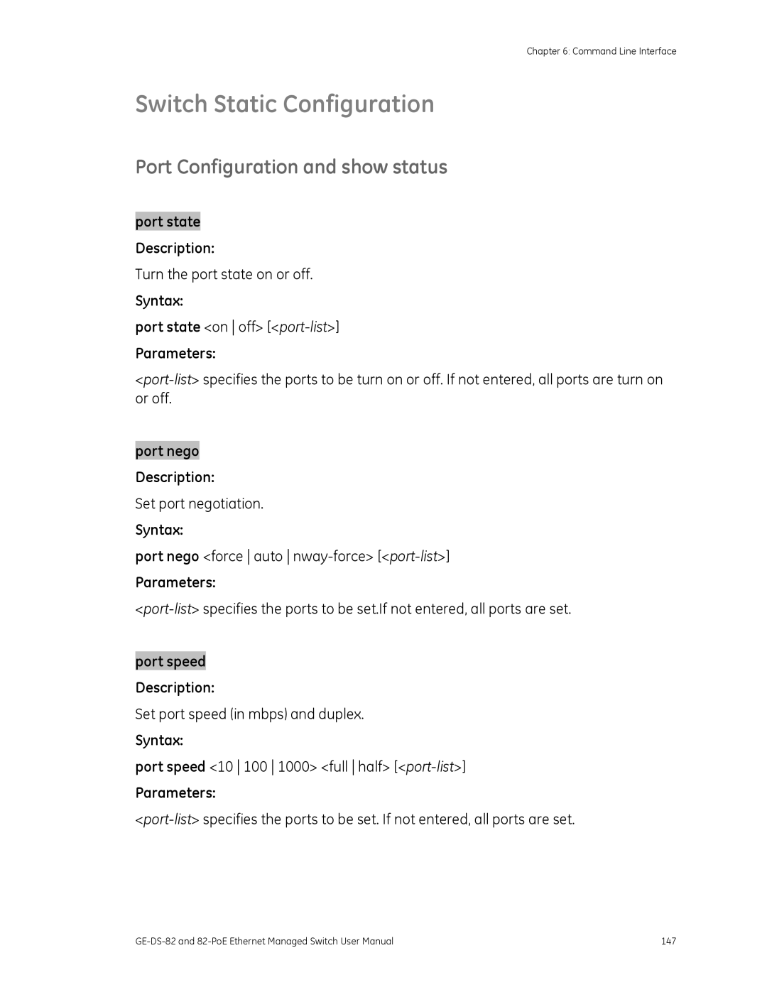 GE 82-POE, GE-DS-82 user manual Switch Static Configuration, Port Configuration and show status, Syntax, Parameters 