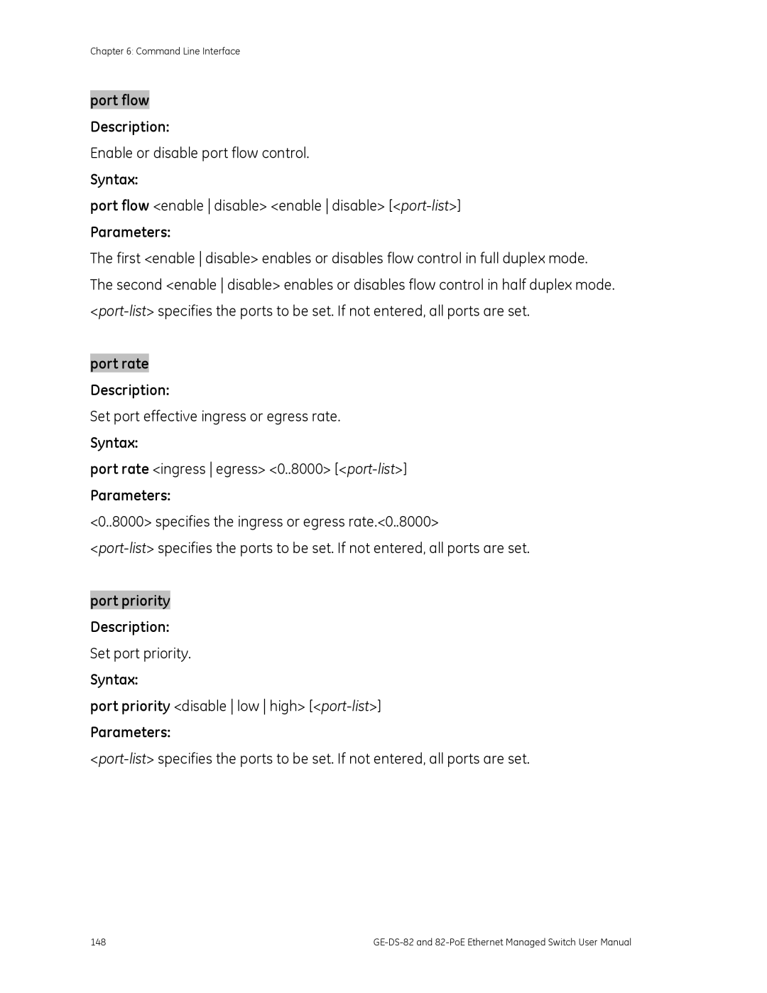 GE GE-DS-82 Enable or disable port flow control, Port flow enable disable enable disable port-list, Set port priority 