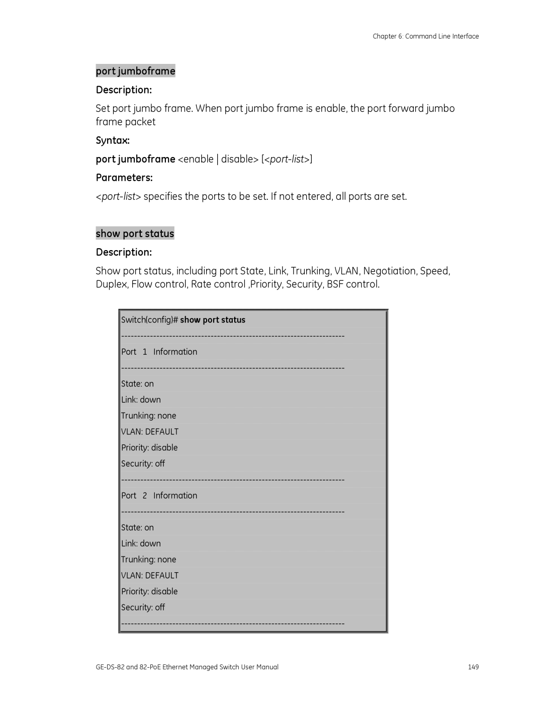 GE 82-POE, GE-DS-82 user manual Port jumboframe enable disable port-list 