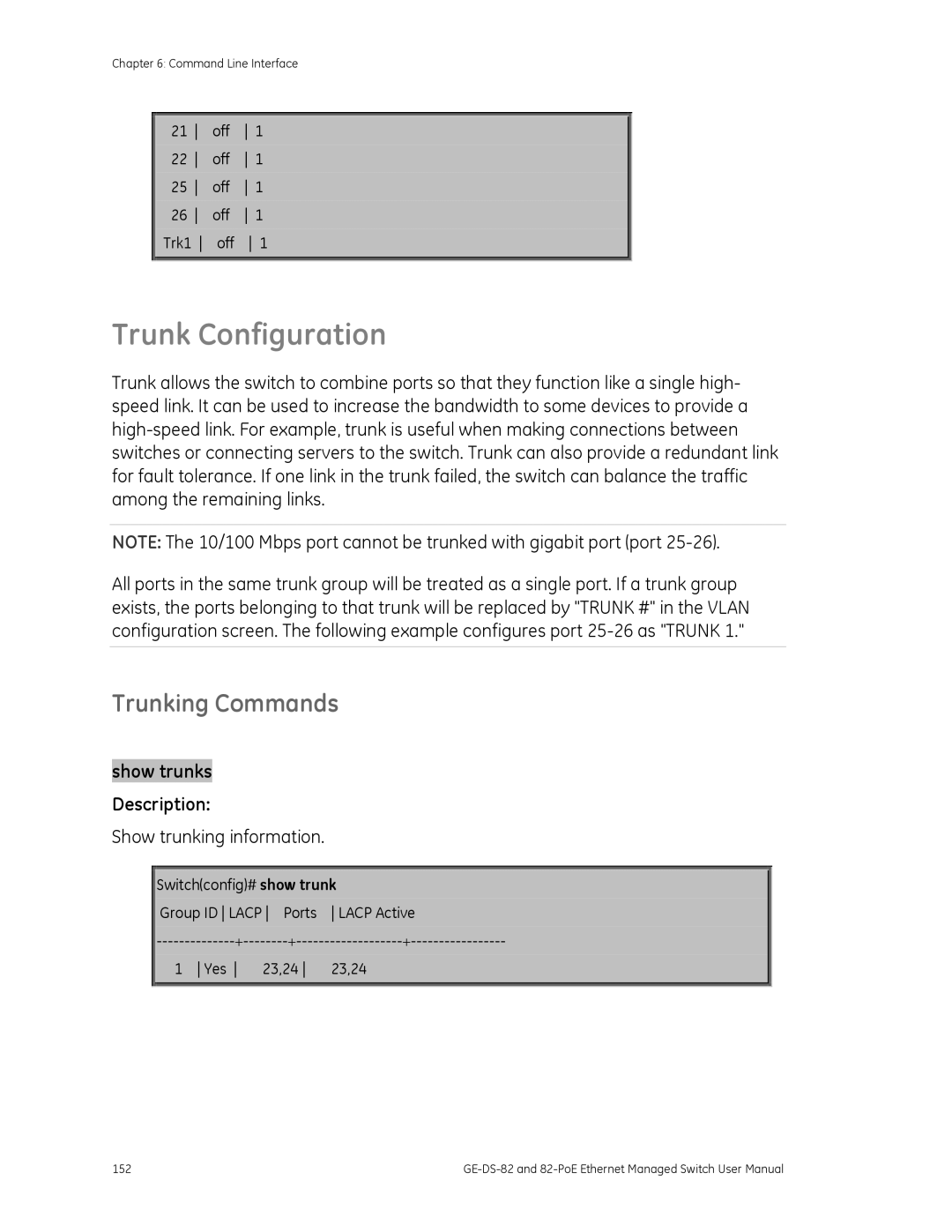 GE GE-DS-82, 82-POE user manual Trunk Configuration, Trunking Commands, Show trunking information 