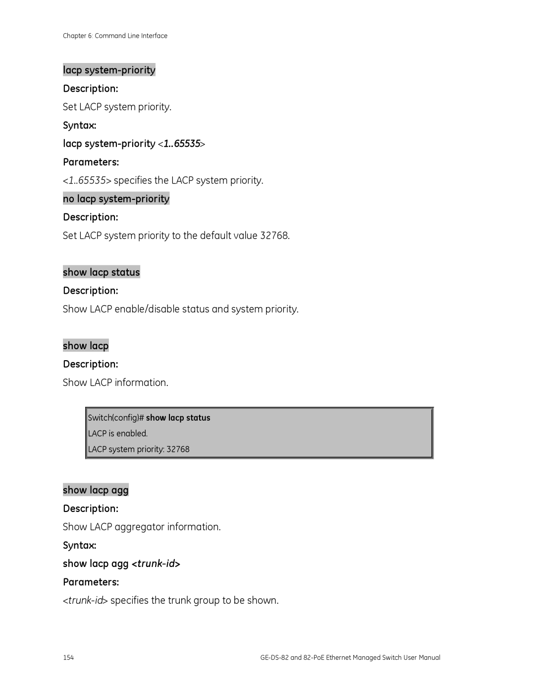 GE GE-DS-82, 82-POE user manual Syntax Lacp system-priority Parameters 