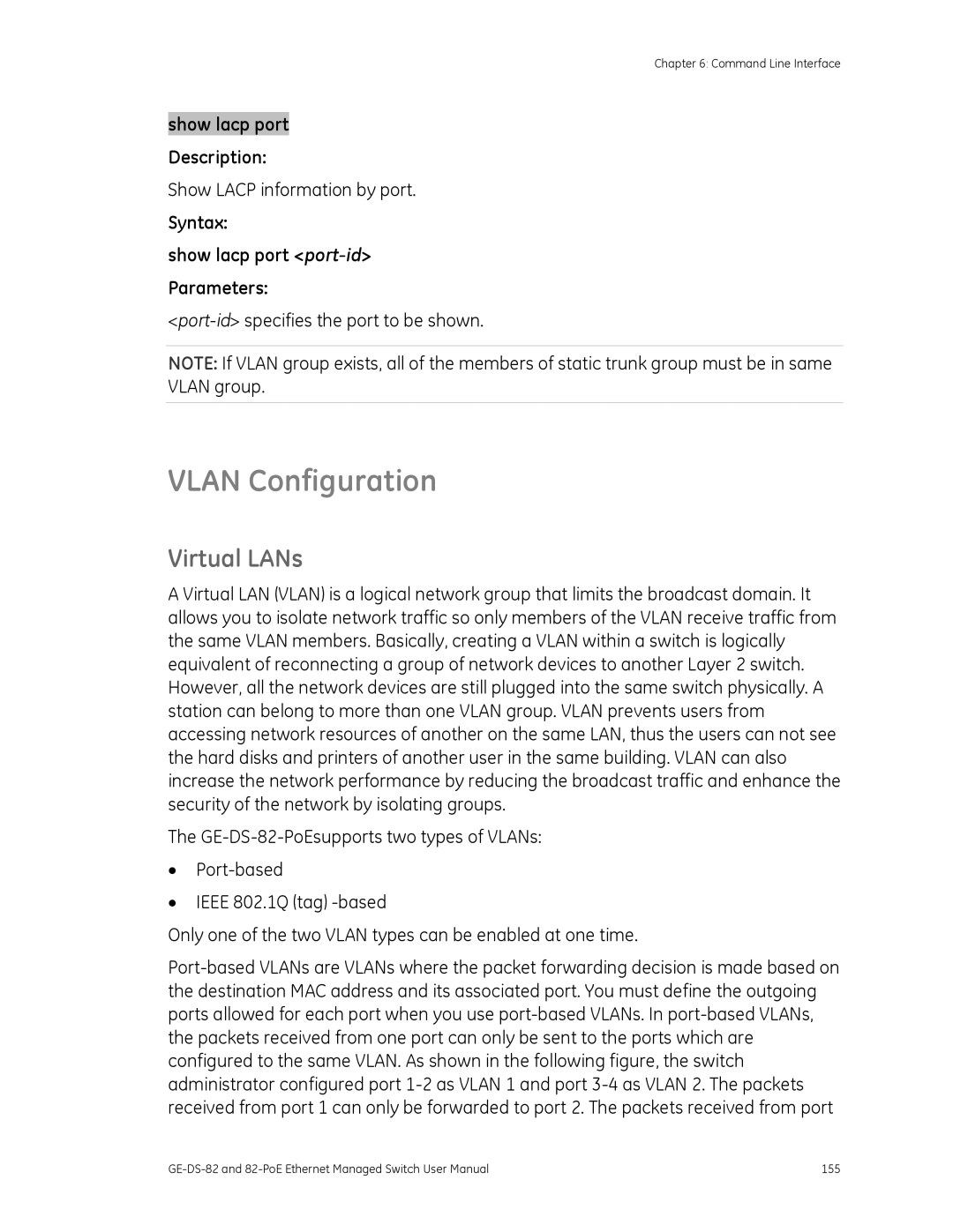 GE 82-POE, GE-DS-82 user manual Virtual LANs, Show Lacp information by port, Syntax Show lacp port port-idParameters 