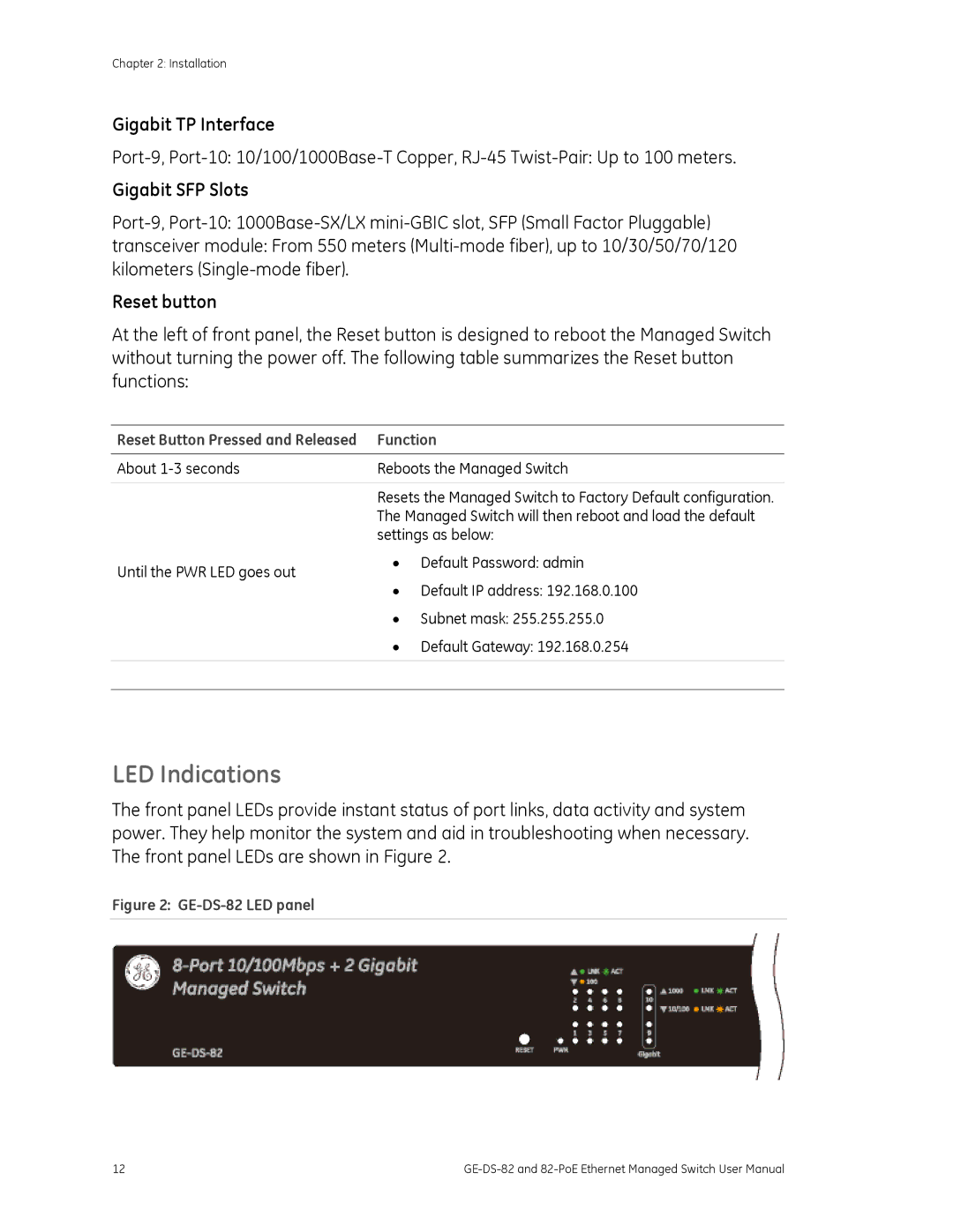 GE GE-DS-82, 82-POE user manual LED Indications, Gigabit TP Interface, Gigabit SFP Slots, Reset button 