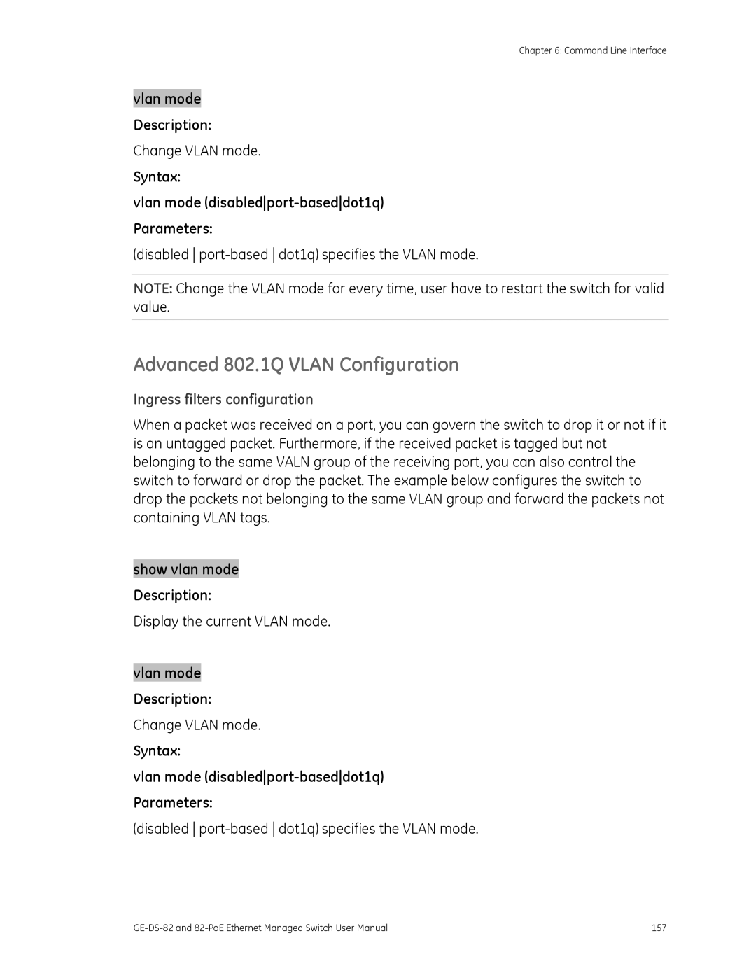 GE 82-POE Advanced 802.1Q Vlan Configuration, Change Vlan mode, Disabled port-based dot1q specifies the Vlan mode 