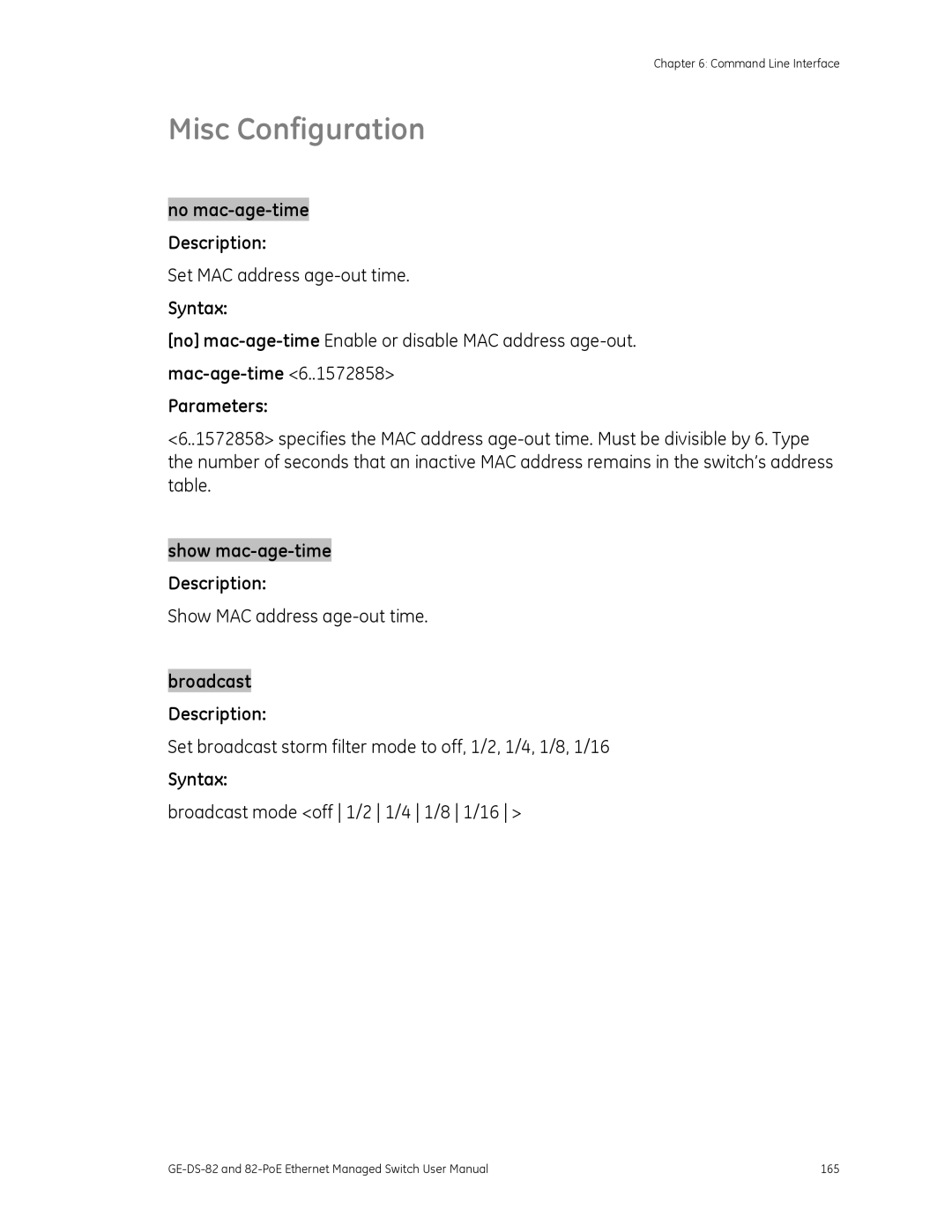 GE 82-POE, GE-DS-82 user manual Misc Configuration, No mac-age-time Description, Mac-age-time Parameters 