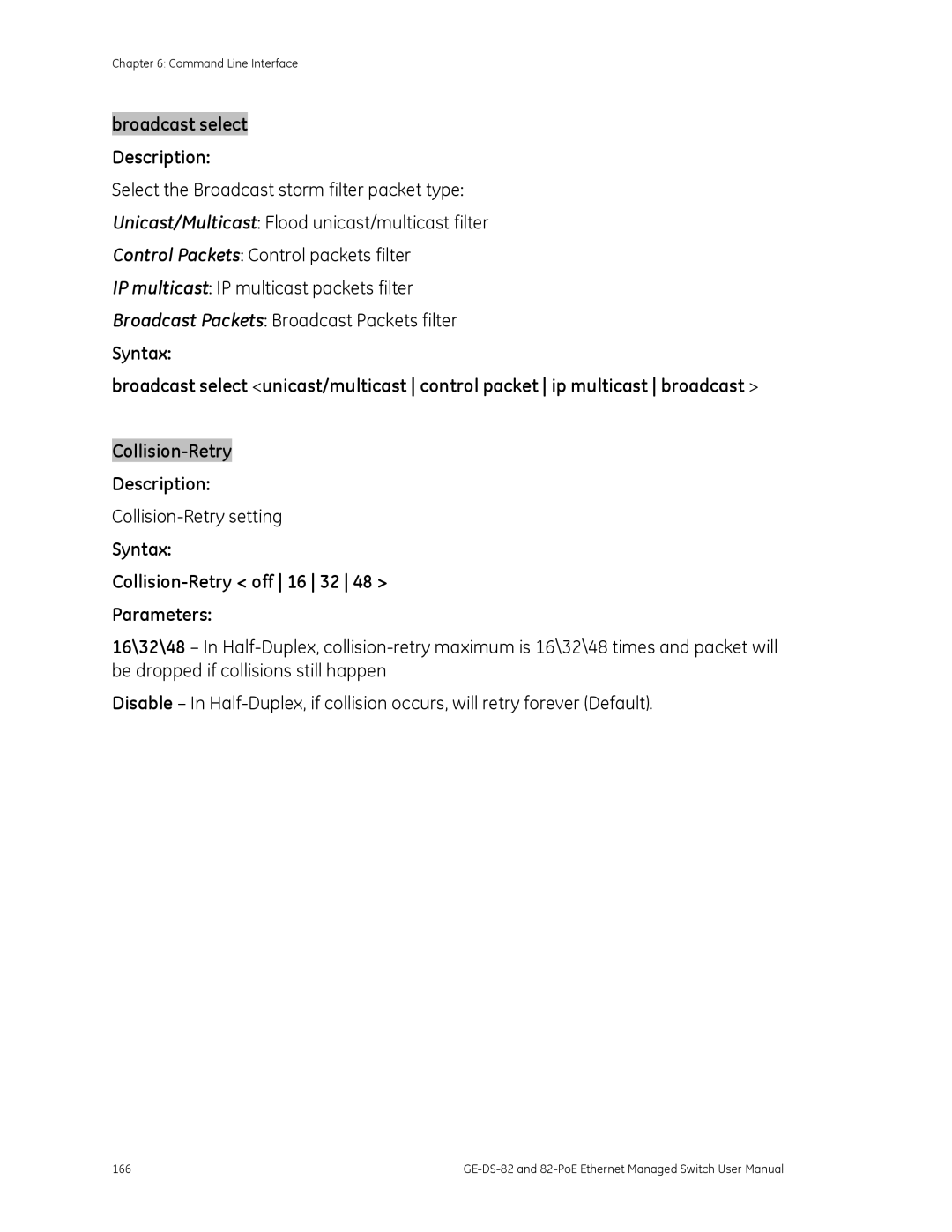 GE GE-DS-82, 82-POE user manual Collision-Retry setting, Syntax Collision-Retry off 16 32 Parameters 