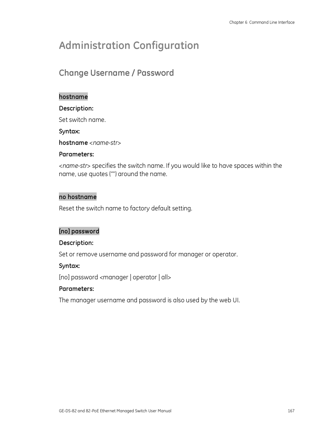 GE 82-POE Administration Configuration, Change Username / Password, Syntax Hostname name-str Parameters, No hostname 