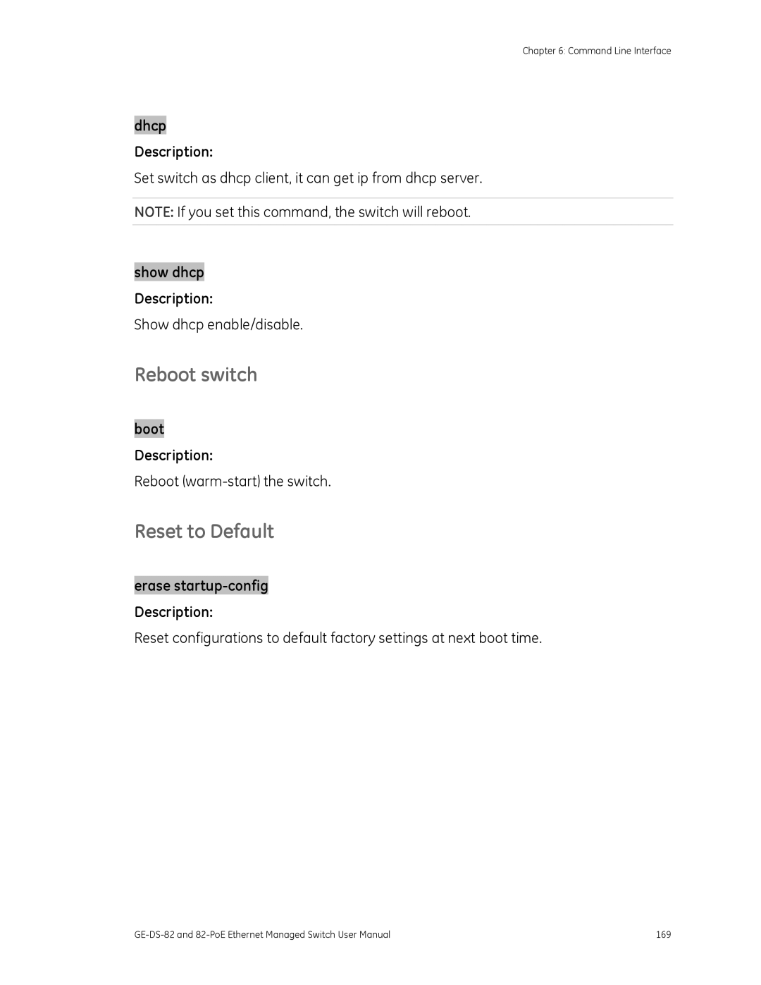 GE 82-POE, GE-DS-82 user manual Reboot switch, Reset to Default, Set switch as dhcp client, it can get ip from dhcp server 