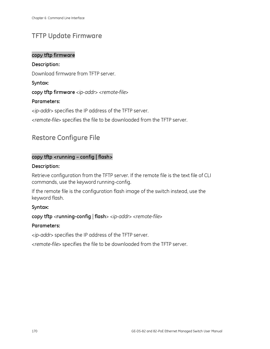 GE GE-DS-82, 82-POE user manual Tftp Update Firmware, Restore Configure File, Download firmware from Tftp server 