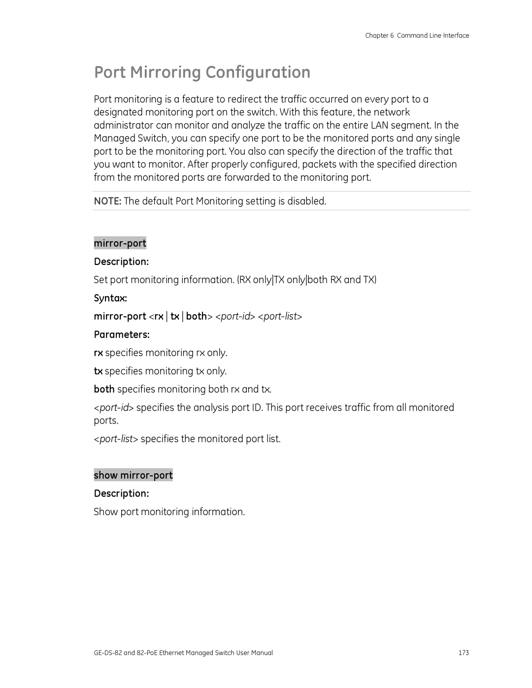 GE 82-POE, GE-DS-82 user manual Port Mirroring Configuration, Syntax Mirror-port rx tx both port-idport-list Parameters 