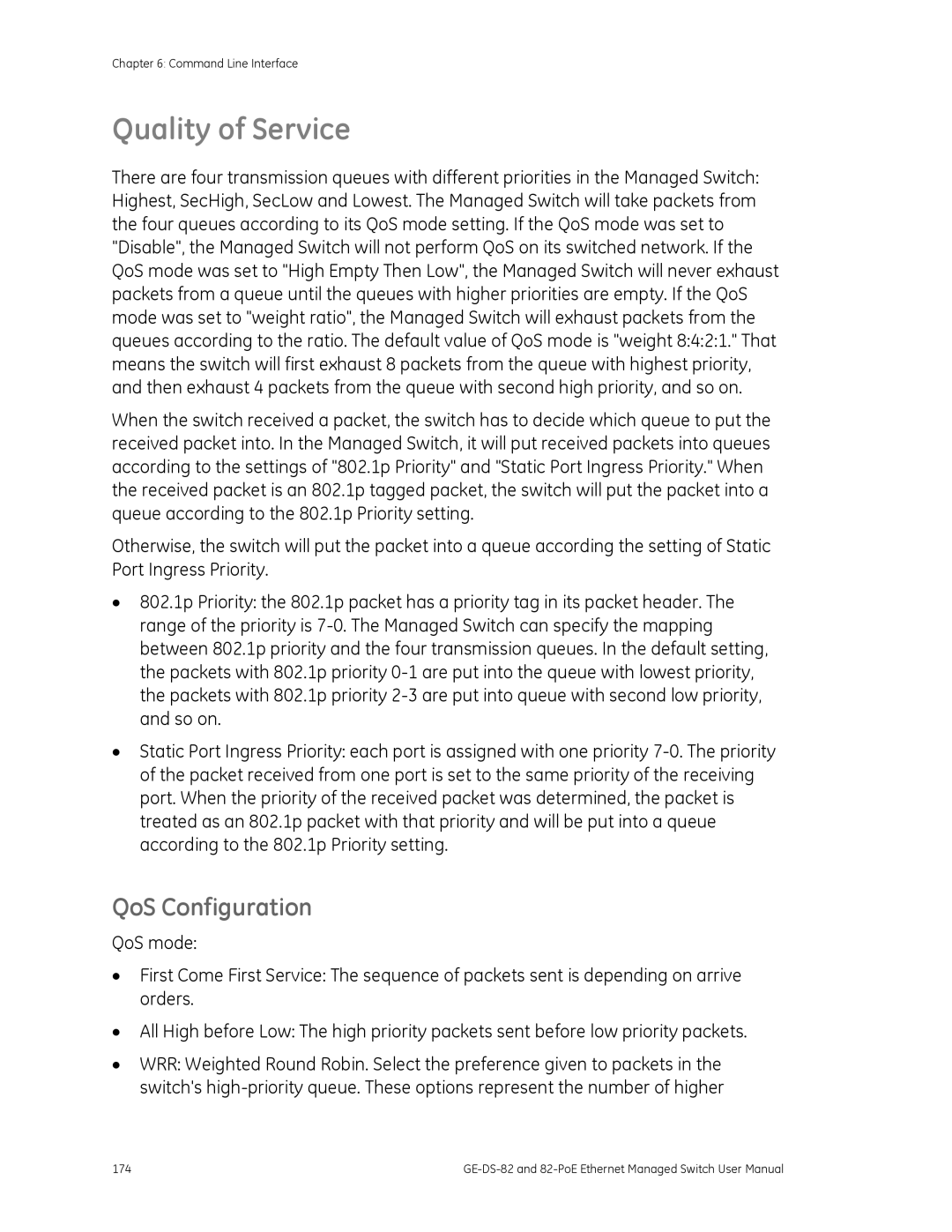 GE GE-DS-82, 82-POE user manual Quality of Service, QoS Configuration 