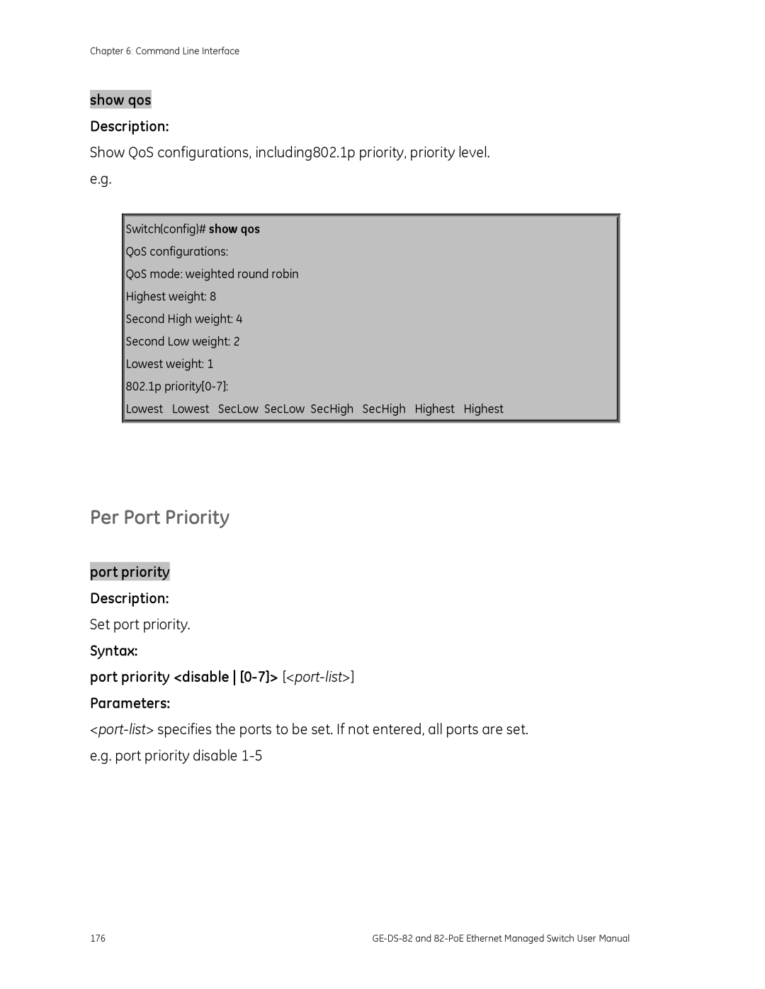 GE GE-DS-82, 82-POE user manual Per Port Priority, Syntax Port priority disable 0-7 port-list Parameters 