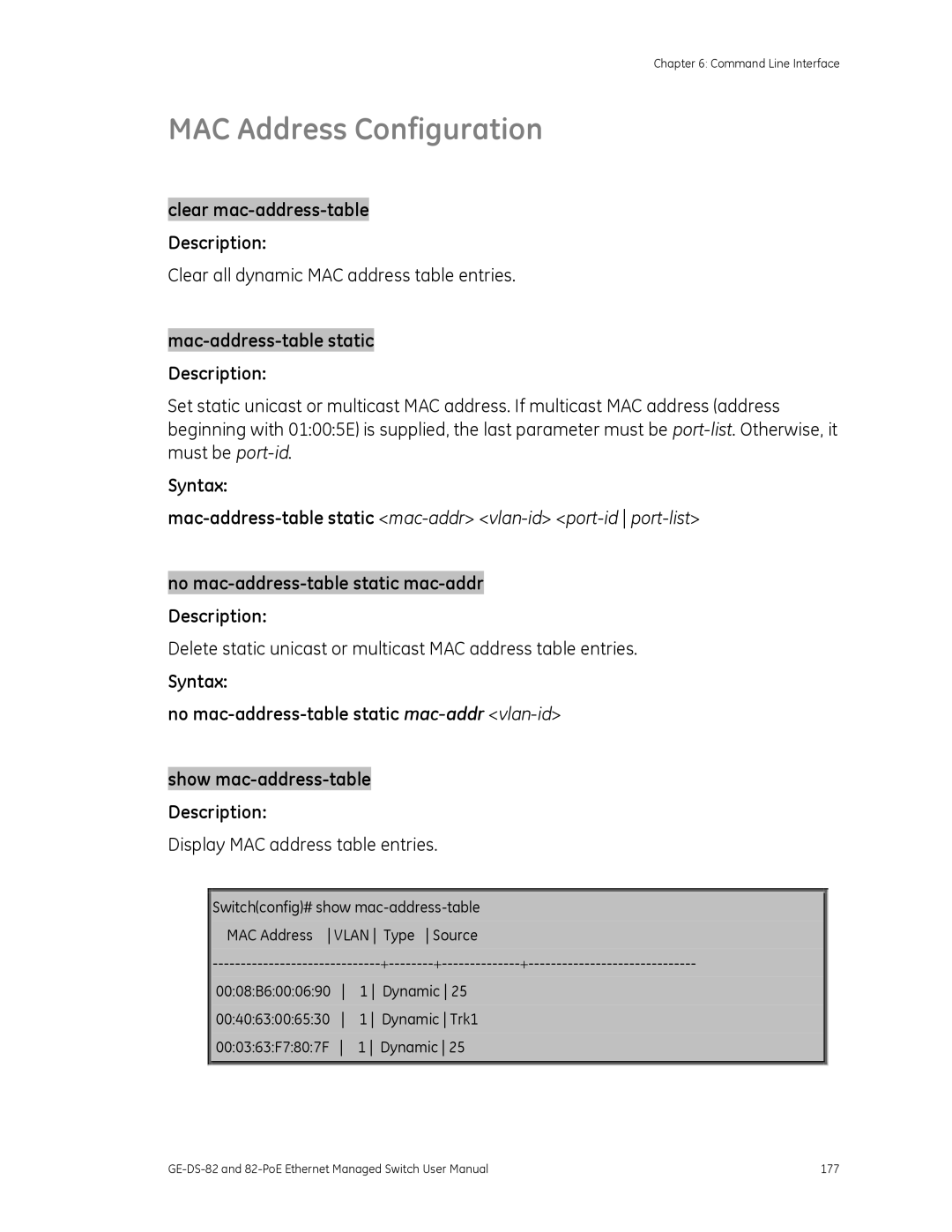 GE 82-POE, GE-DS-82 user manual MAC Address Configuration, Mac-address-table static Description 