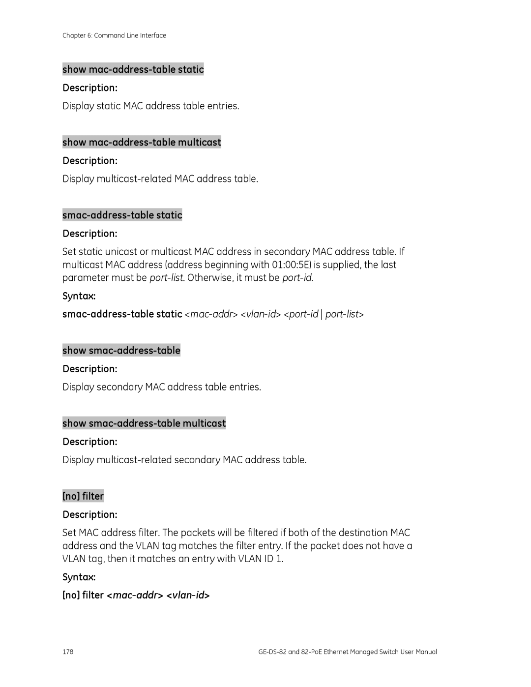 GE GE-DS-82, 82-POE user manual Show mac-address-table static Description, Show mac-address-table multicast Description 