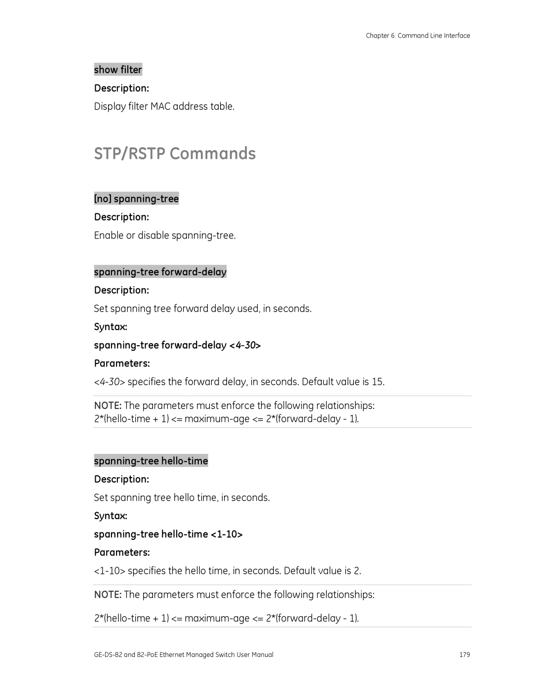 GE 82-POE STP/RSTP Commands, Spanning-tree forward-delay Description, Syntax Spanning-tree forward-delay 4-30 Parameters 