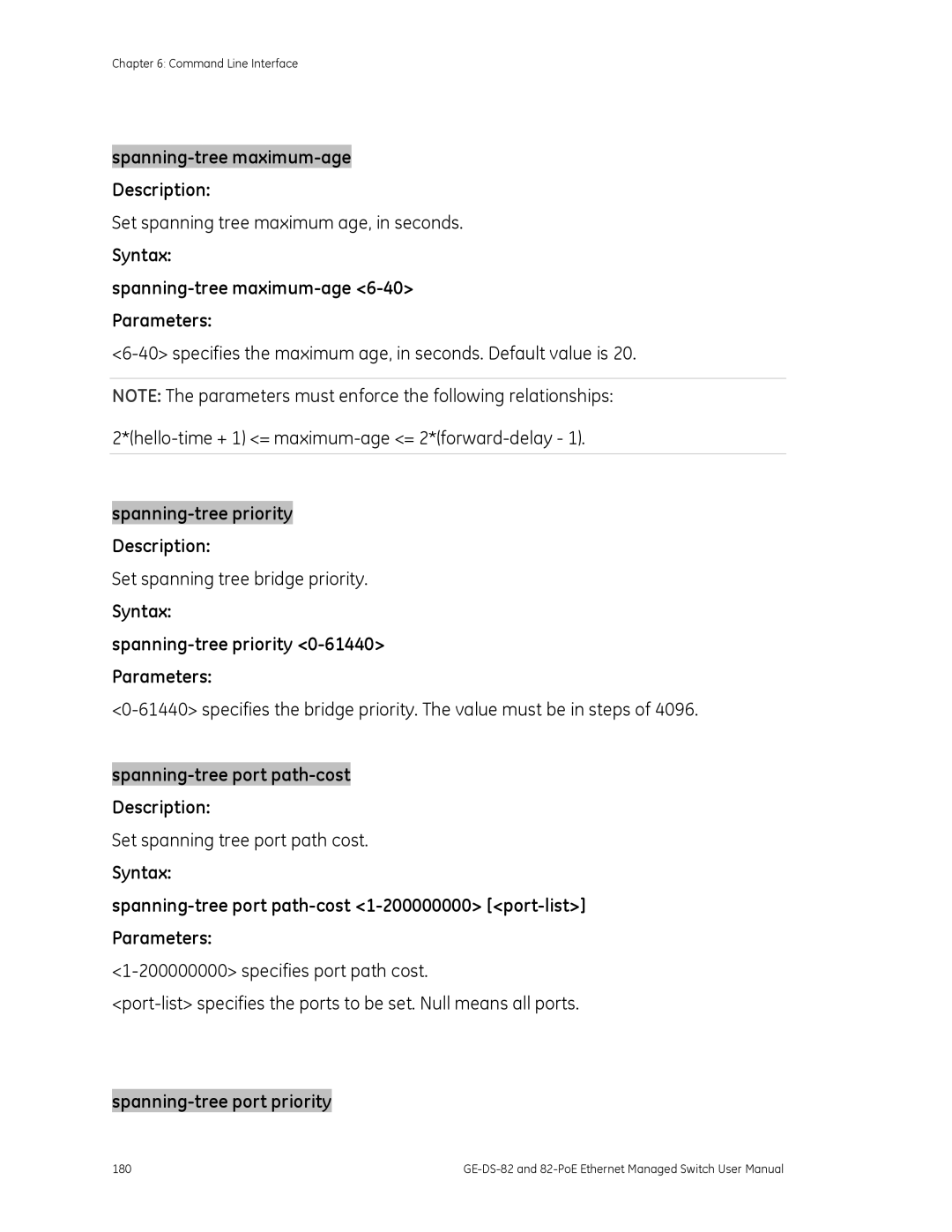 GE GE-DS-82, 82-POE user manual Spanning-tree maximum-age Description, Syntax Spanning-tree maximum-age 6-40 Parameters 