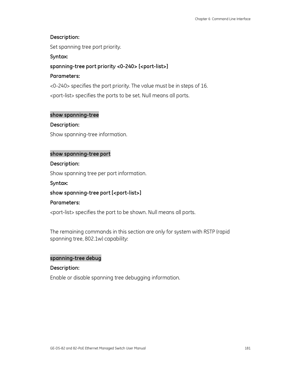 GE 82-POE, GE-DS-82 user manual Show spanning-tree port Description, Syntax Show spanning-tree port port-list Parameters 