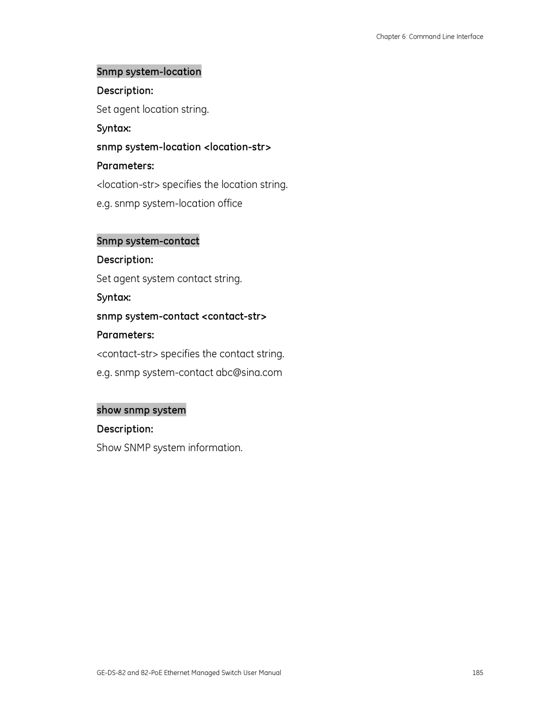 GE 82-POE, GE-DS-82 user manual Snmp system-location Description, Syntax Snmp system-location location-str Parameters 