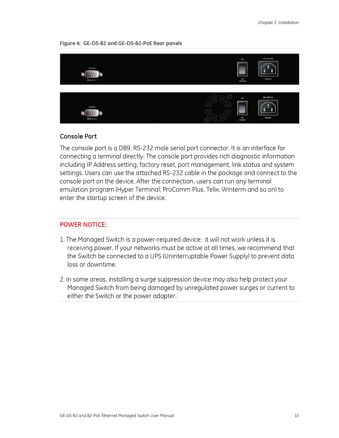 GE 82-POE, GE-DS-82 user manual Console Port, Power Notice 