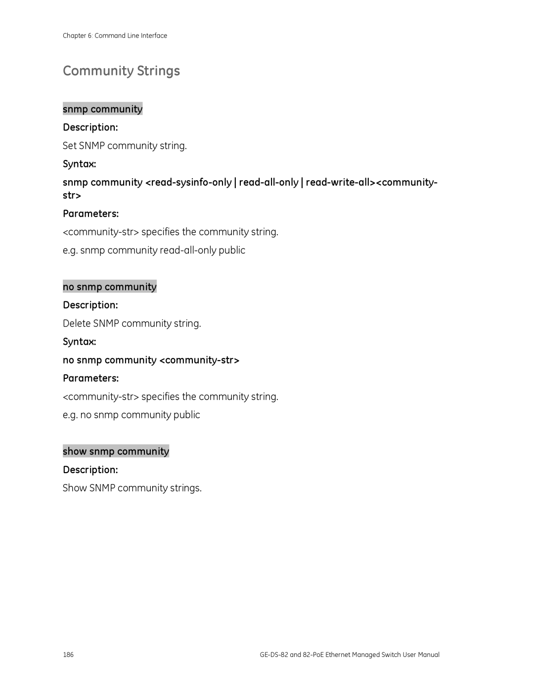 GE GE-DS-82 Community Strings, Set Snmp community string, Delete Snmp community string, Show Snmp community strings 