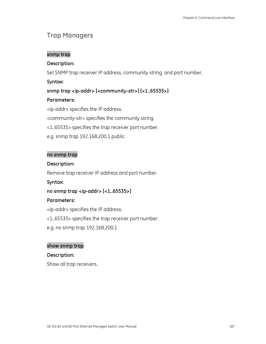 GE 82-POE, GE-DS-82 Trap Managers, Syntax Snmp trap ip-addr community-str 1..65535 Parameters, Show all trap receivers 