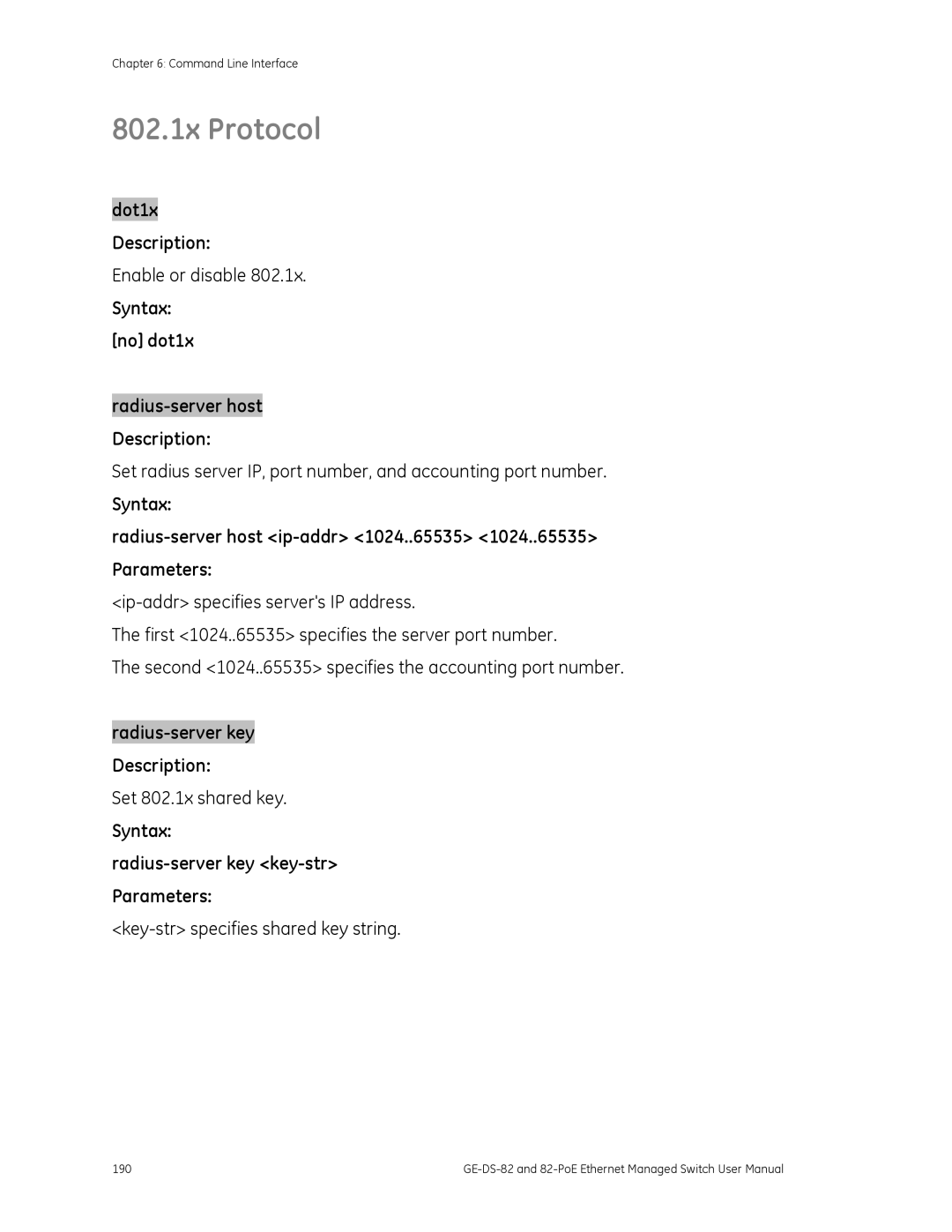 GE GE-DS-82, 82-POE 802.1x Protocol, Dot1x Description, Radius-server host Description, Radius-server key Description 