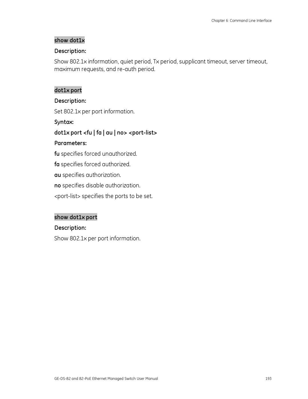 GE 82-POE, GE-DS-82 user manual Set 802.1x per port information, Syntax Dot1x port fu fa au no port-list Parameters 