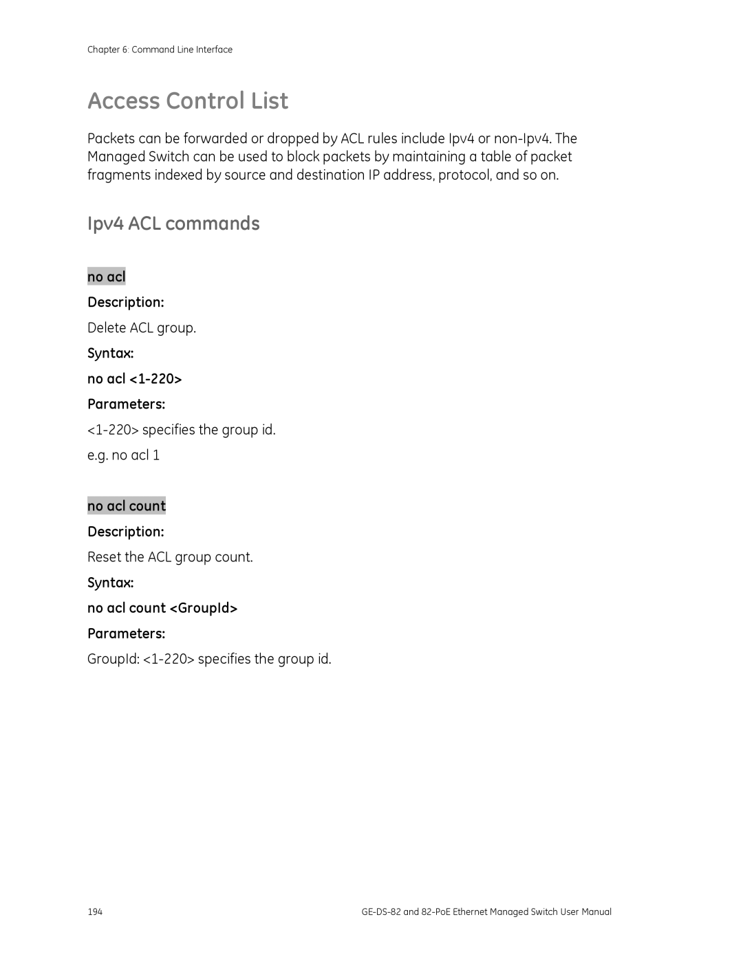 GE GE-DS-82, 82-POE user manual Ipv4 ACL commands, Syntax No acl 1-220 Parameters 
