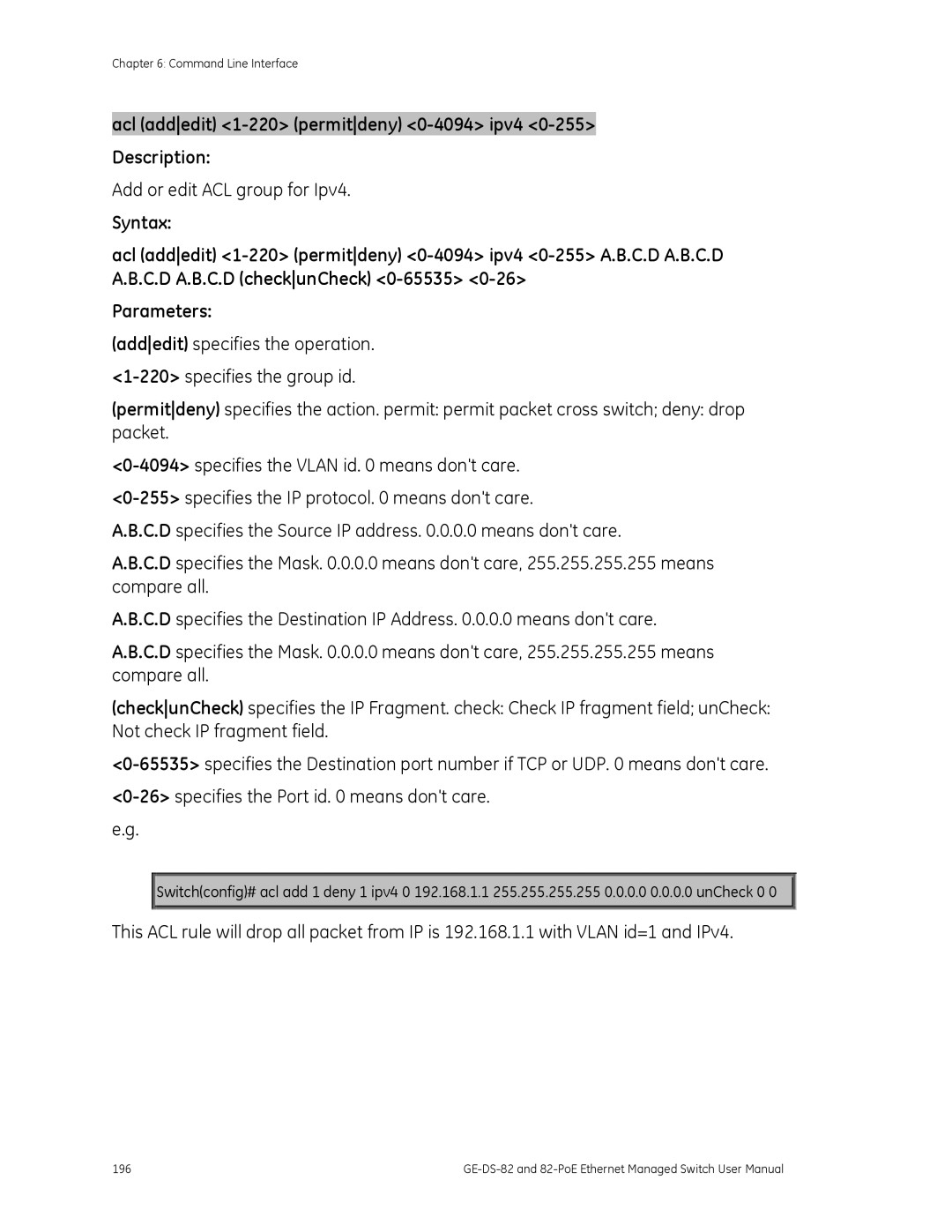 GE GE-DS-82, 82-POE user manual Acl addedit 1-220 permitdeny 0-4094 ipv4 0-255 Description, Add or edit ACL group for Ipv4 