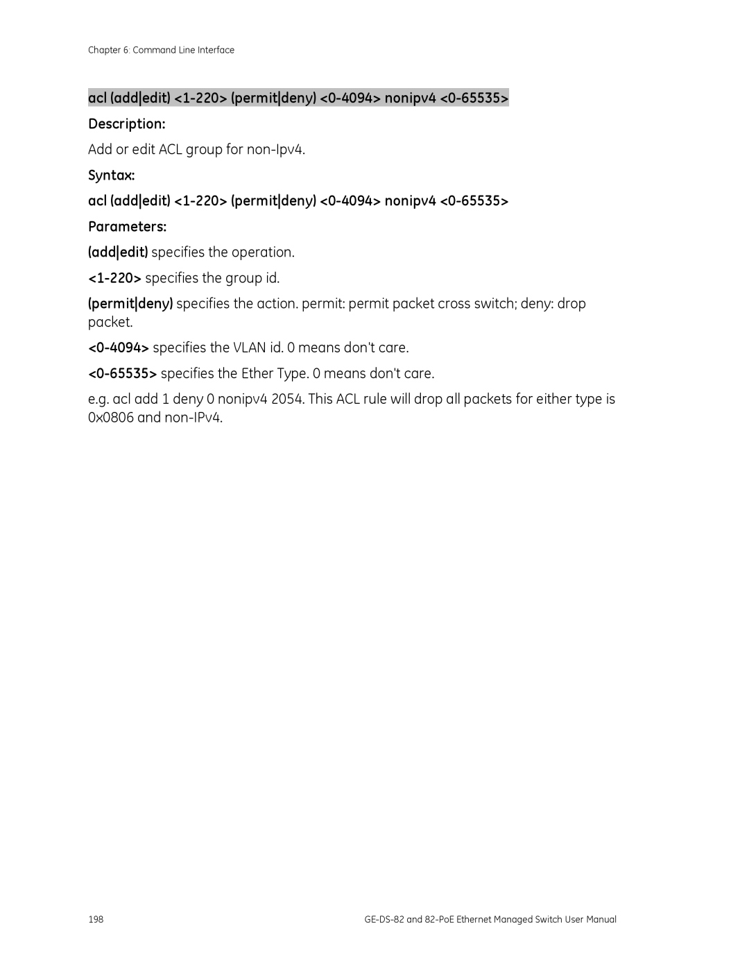 GE GE-DS-82, 82-POE user manual Add or edit ACL group for non-Ipv4 