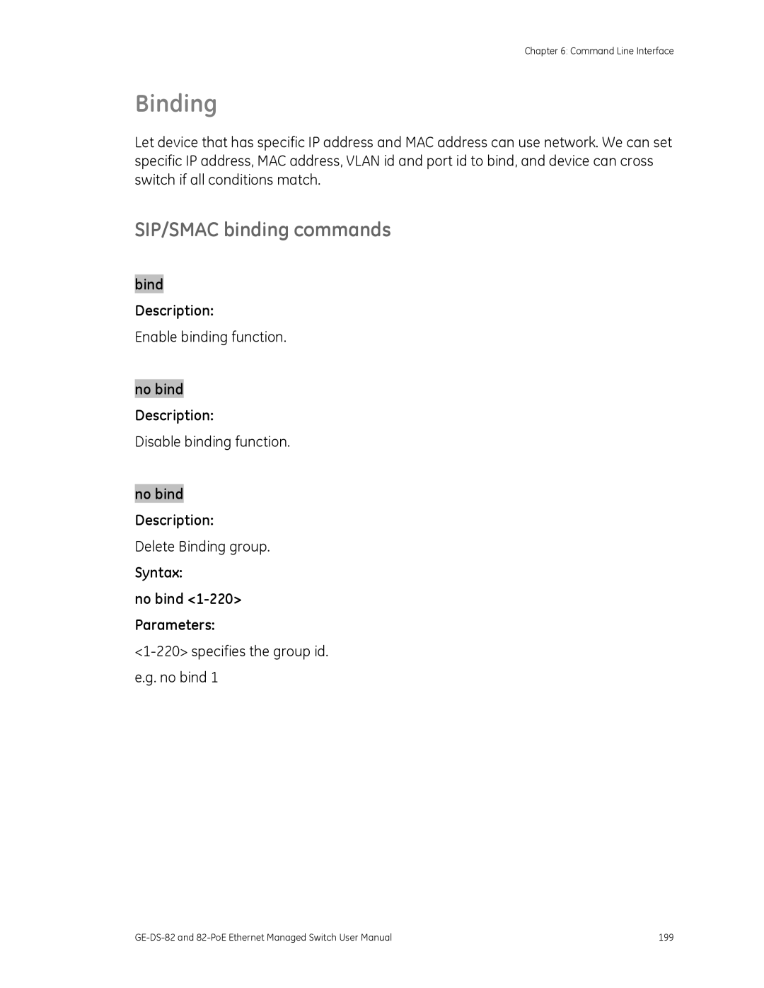 GE 82-POE, GE-DS-82 user manual Binding, SIP/SMAC binding commands 