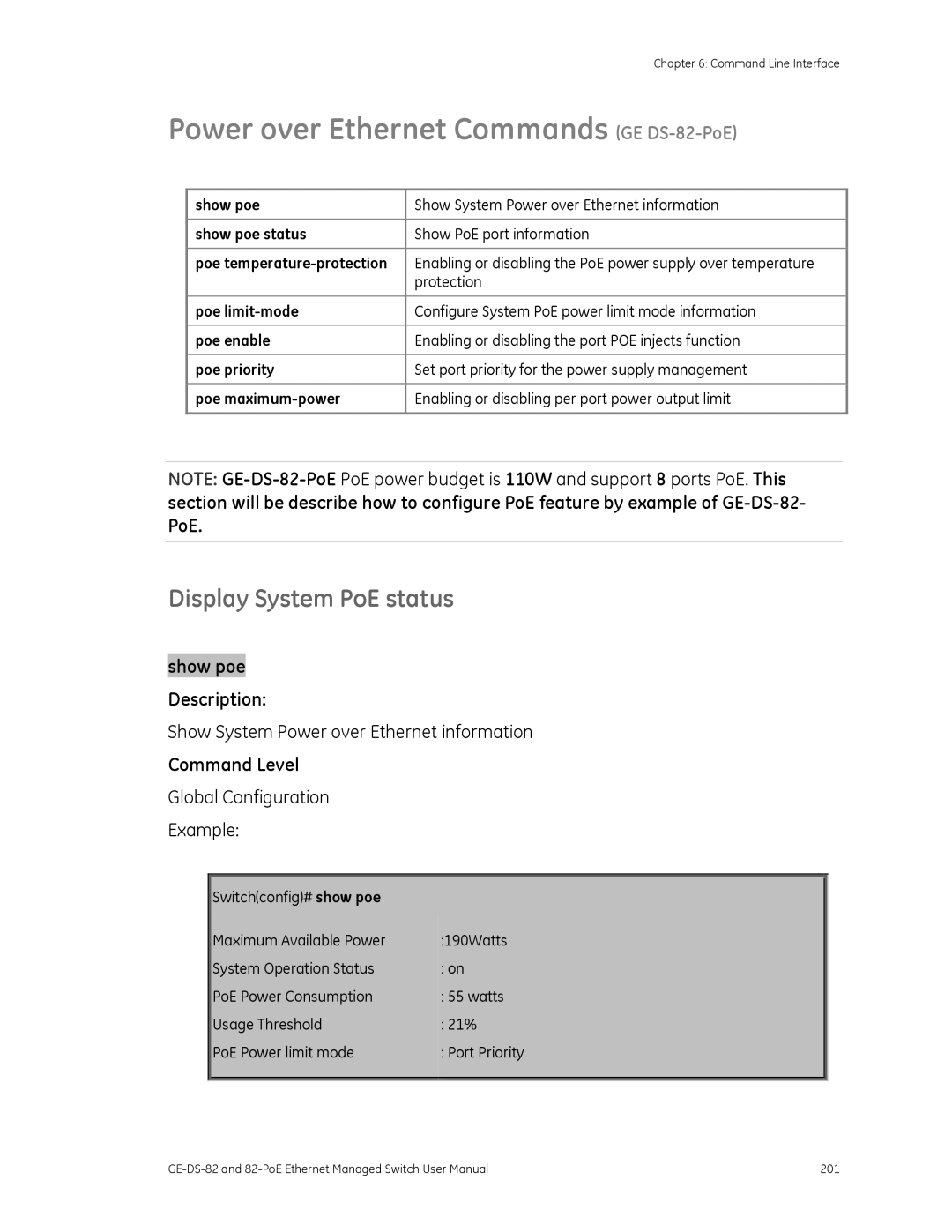 GE 82-POE, GE-DS-82 user manual Power over Ethernet Commands GE DS-82-PoE, Display System PoE status, Command Level 