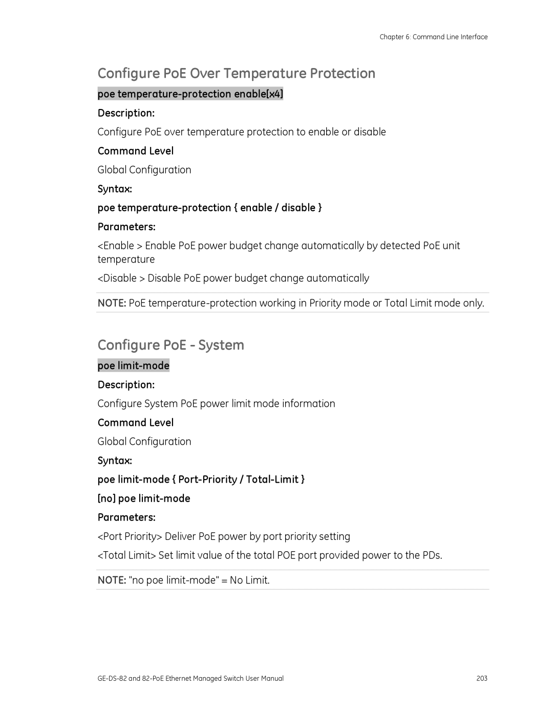 GE 82-POE Configure PoE Over Temperature Protection, Configure PoE System, Poe temperature-protection enablex4 Description 